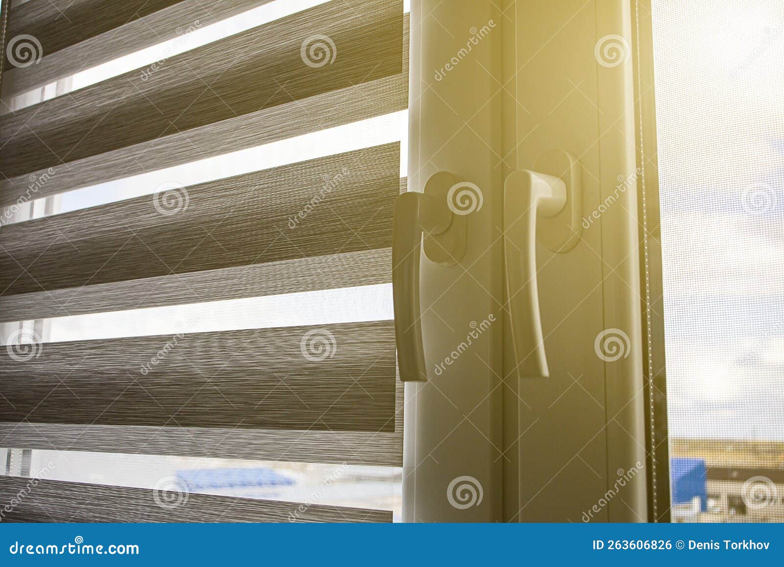 A Plastic Window Open for Ventilation with a Roller Blind and a Mosquito Net Against the Blue