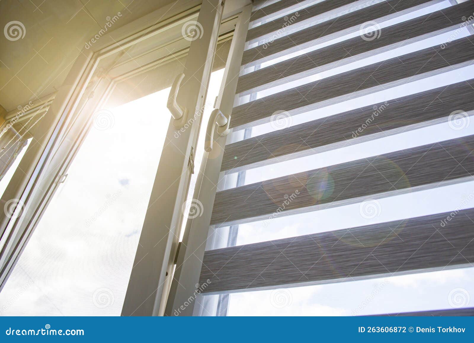A Plastic Window Open for Ventilation with a Roller Blind and a Mosquito Net Against the Blue