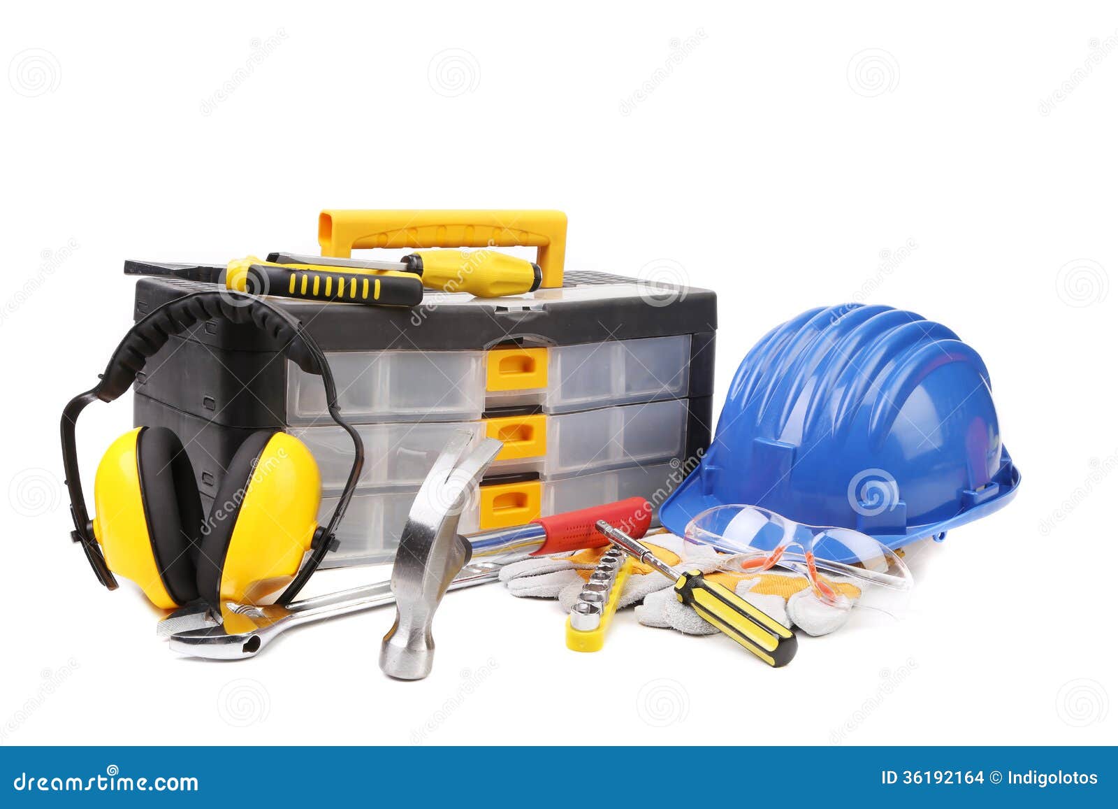 plastic workbox with assorted tools.