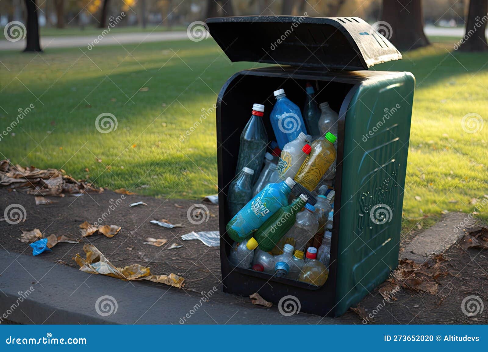 Plastice Bottle Bin Overflowing with Trash in Public Park Stock Photo