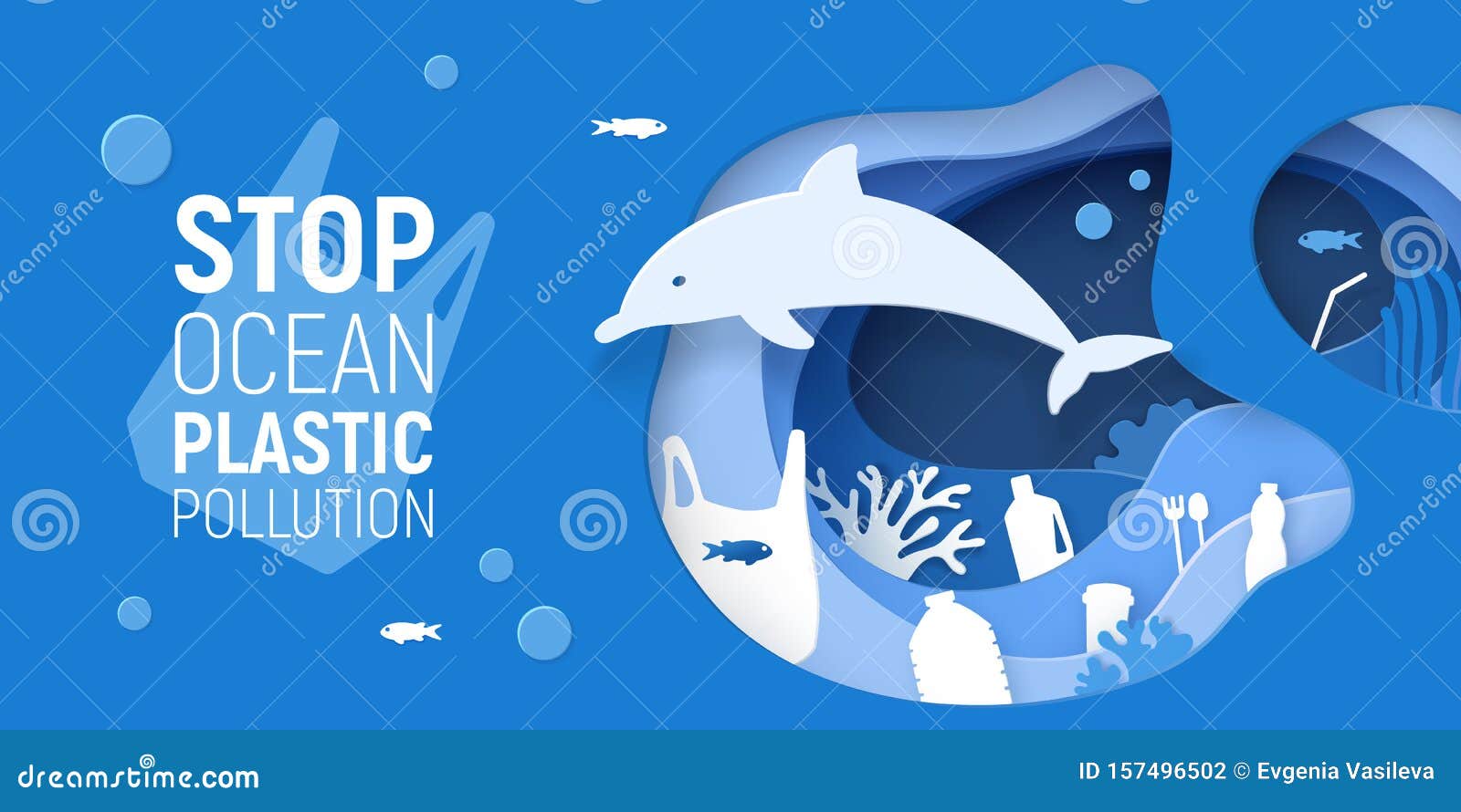 Plastische Vervuiling Van De Oceaan Doorgesneden Onder Water Met Plastic Afval, Dolfijn En Koraalriffen Sparen De Oceaan Vector Illustratie - Illustration of verontreiniging, probleem: