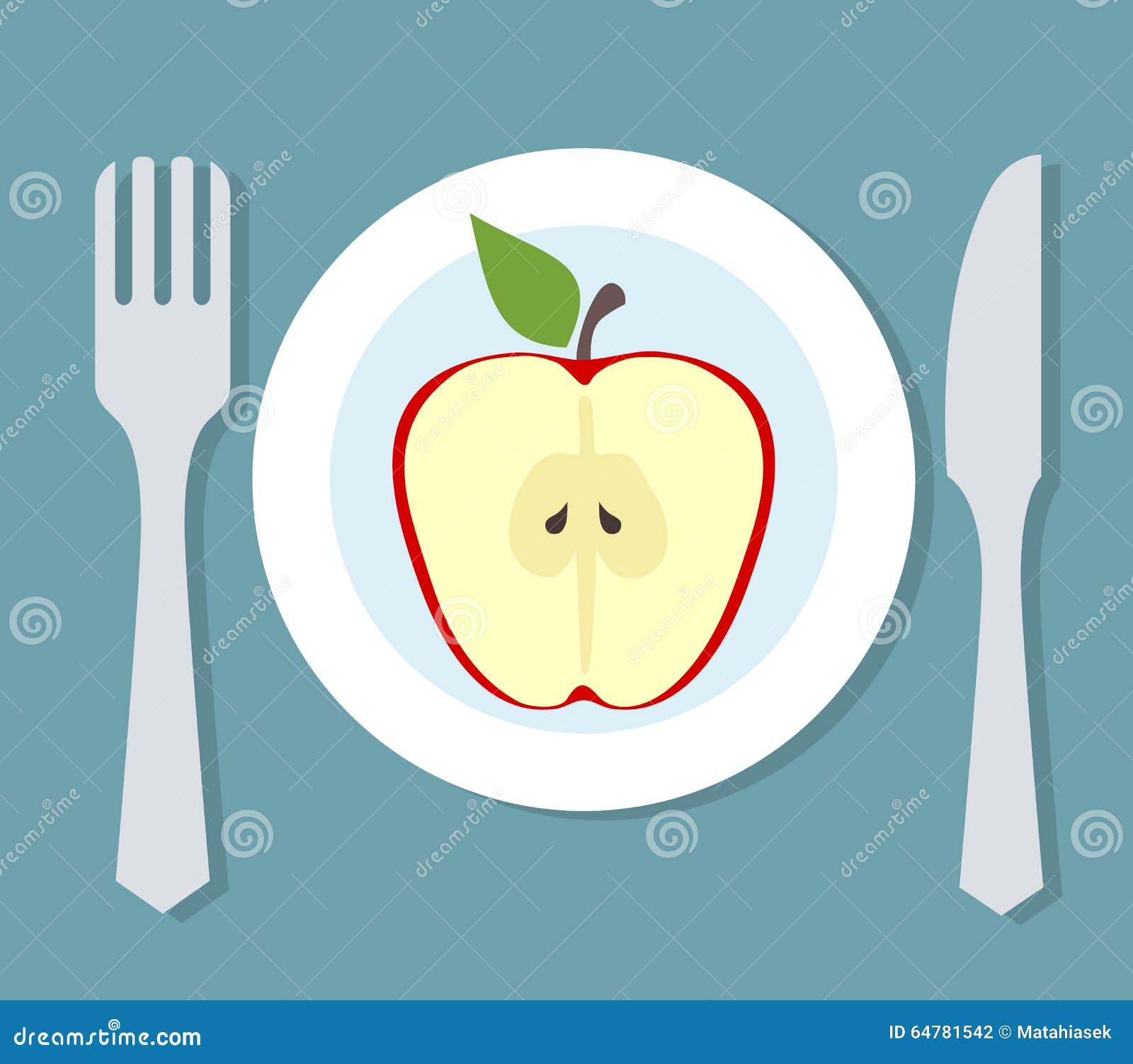 Plate with Apple, Fork and Knife. Diet Theme Stock Vector