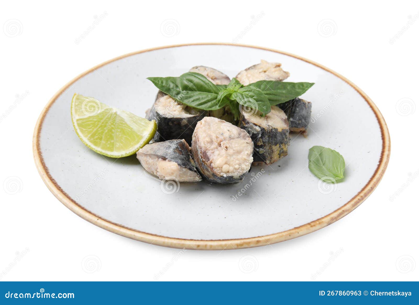Plate with Canned Mackerel Chunks, Lime and Basil Isolated on White Stock Image Image of