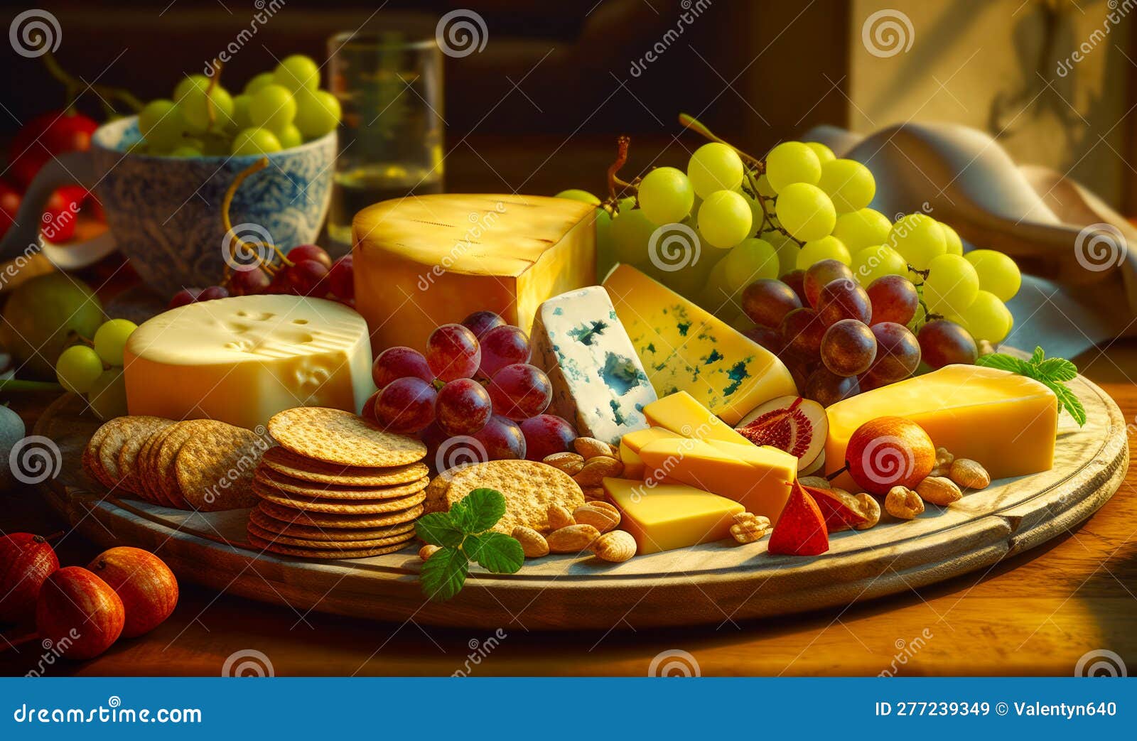 Plate of Cheese, Crackers, Grapes, and Crackers on Table. Generative AI