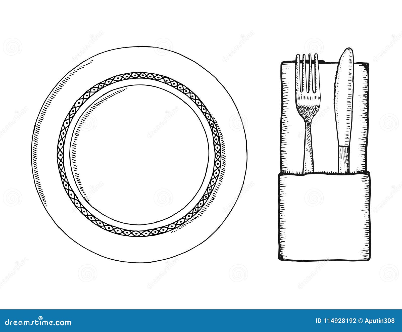 Plate and Cutlery Napkin Vector Sketch. Hand Drawing Isolated Stock