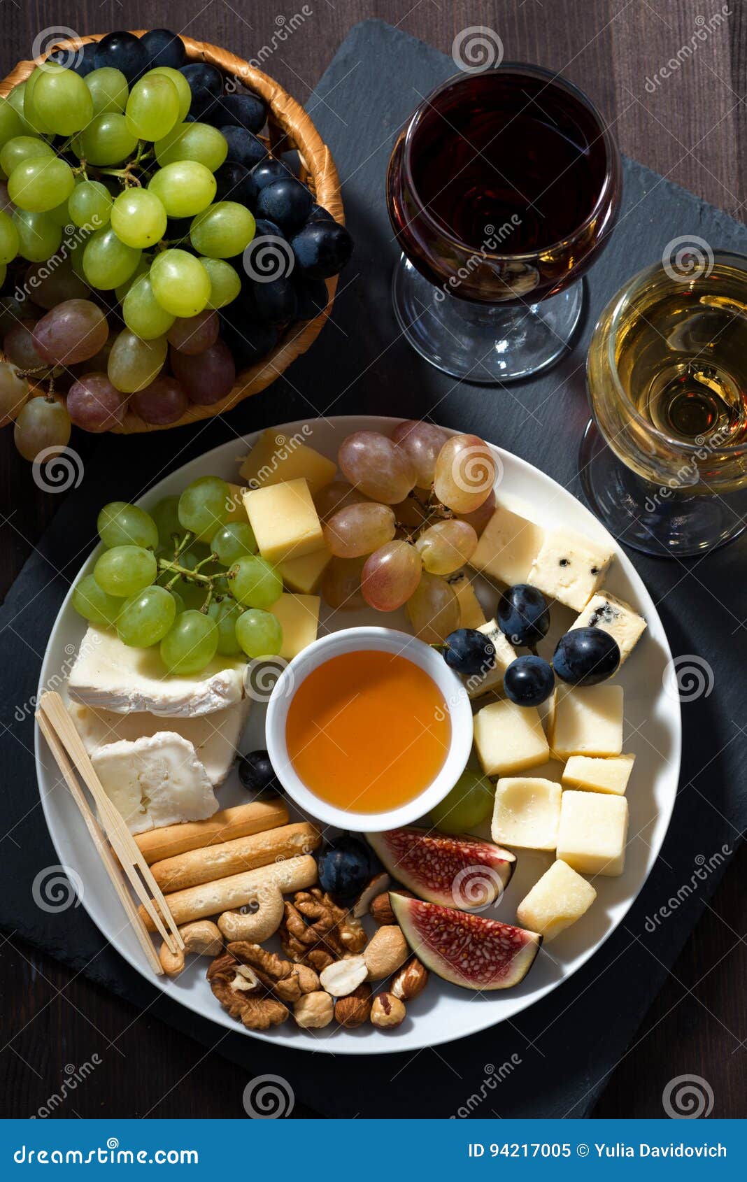 Plate with Deli Snacks and Glasses of Wine, Top View Stock Image