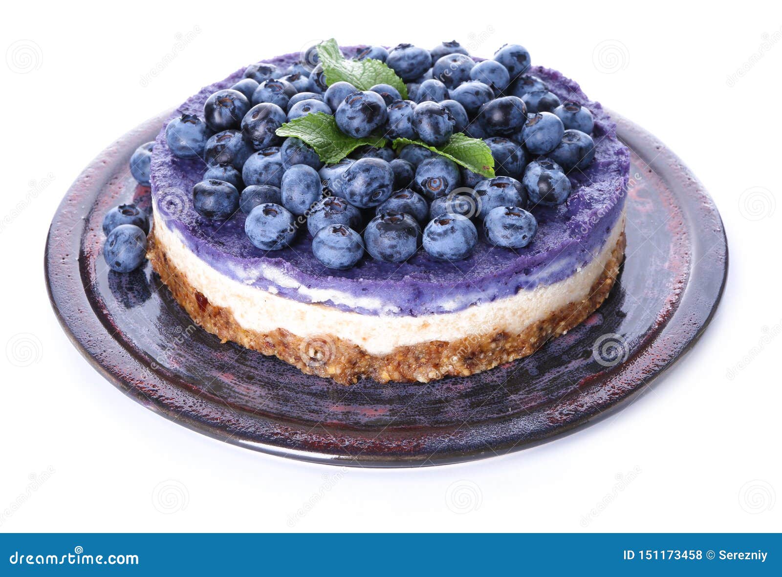 Plate with Delicious Blueberry Cheesecake on White Background Stock ...