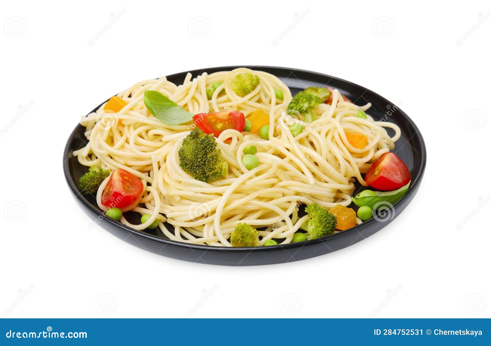 Plate of Delicious Pasta Primavera Isolated on White Stock Image