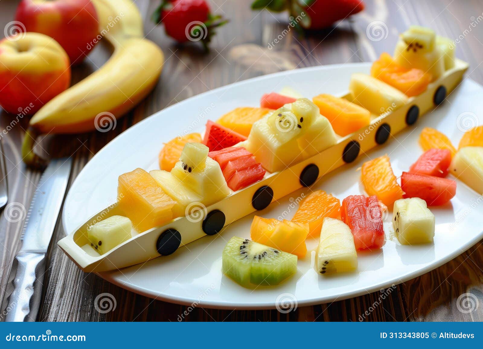 plate ed as a train filled with bitesized fruit pieces