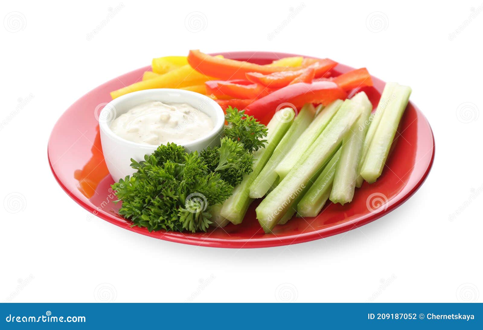 Plate with Dip Sauce, Celery and Other Vegetable Sticks Isolated on White Stock Photo Image of