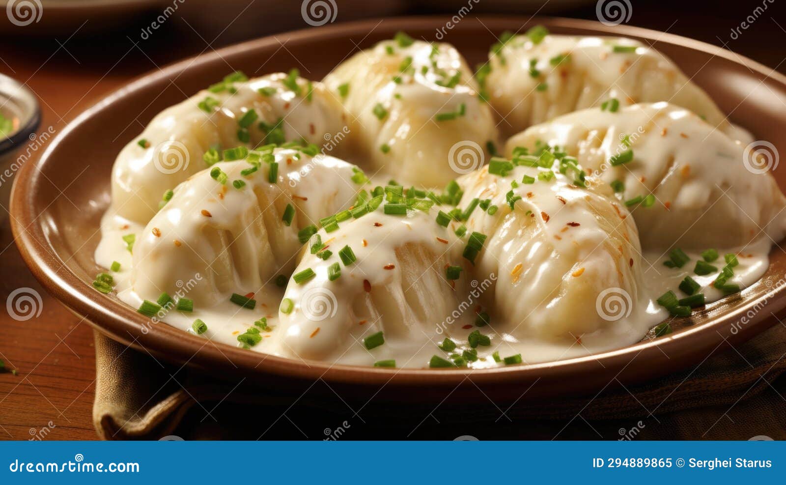 A Plate of Dumplings Covered in Gravy and Garnished with Parsley, AI Stock Image Image of