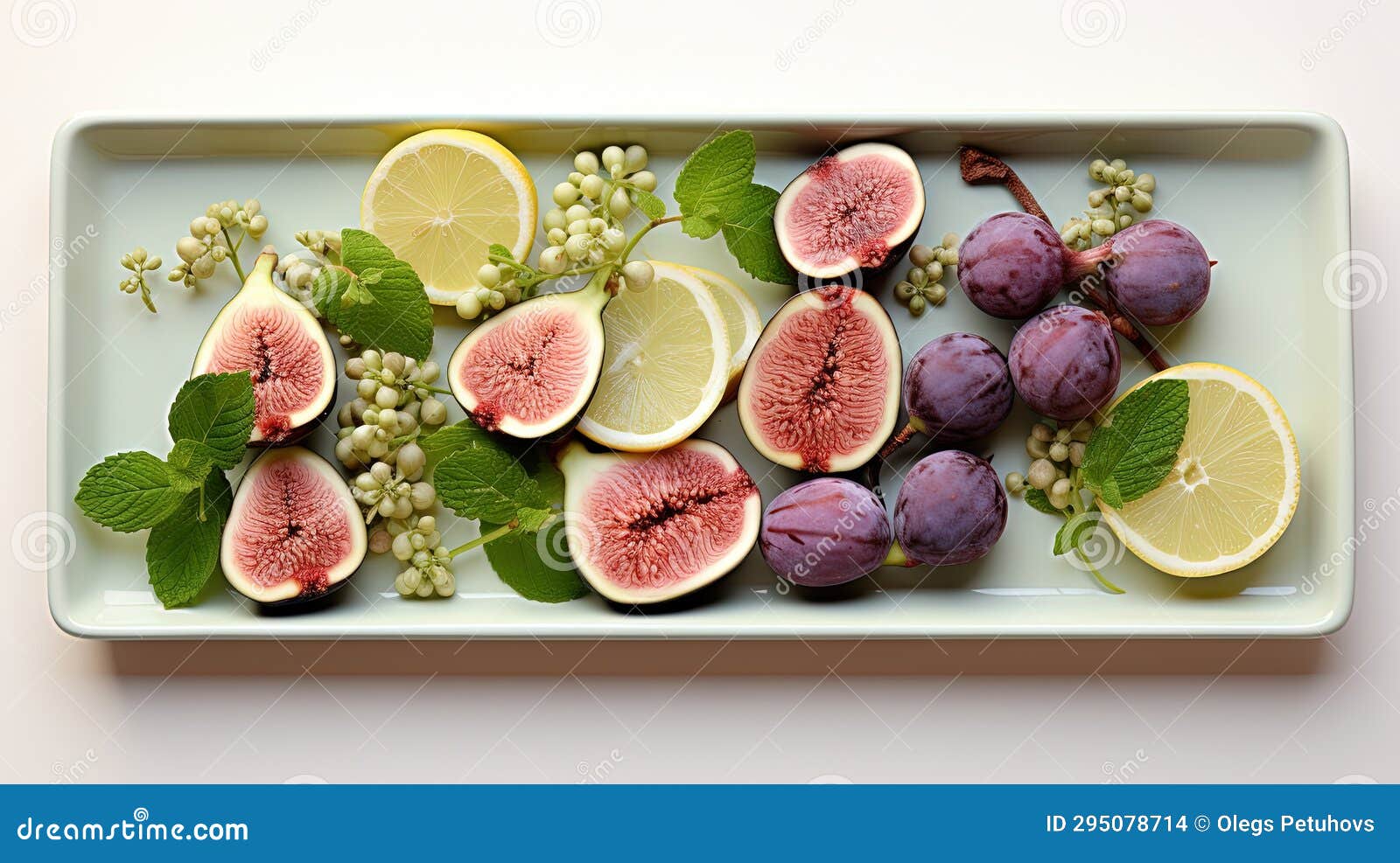 A Plate of Figs, Grapes, and Lemons on a Table. Generative Ai Stock