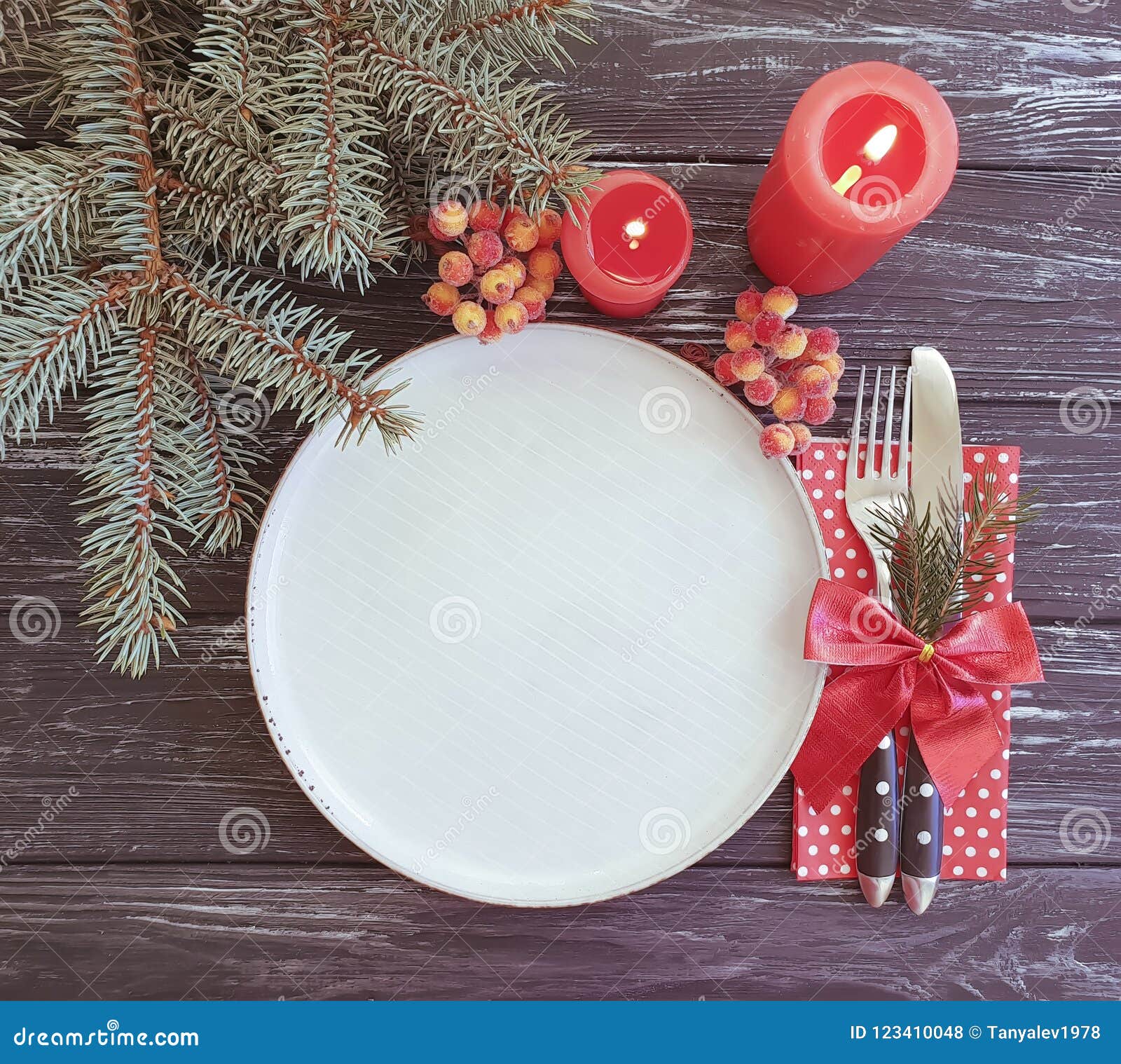 Plate, Fork, Knife, Candle, Invitation Branch Menu of a Christmas Tree ...