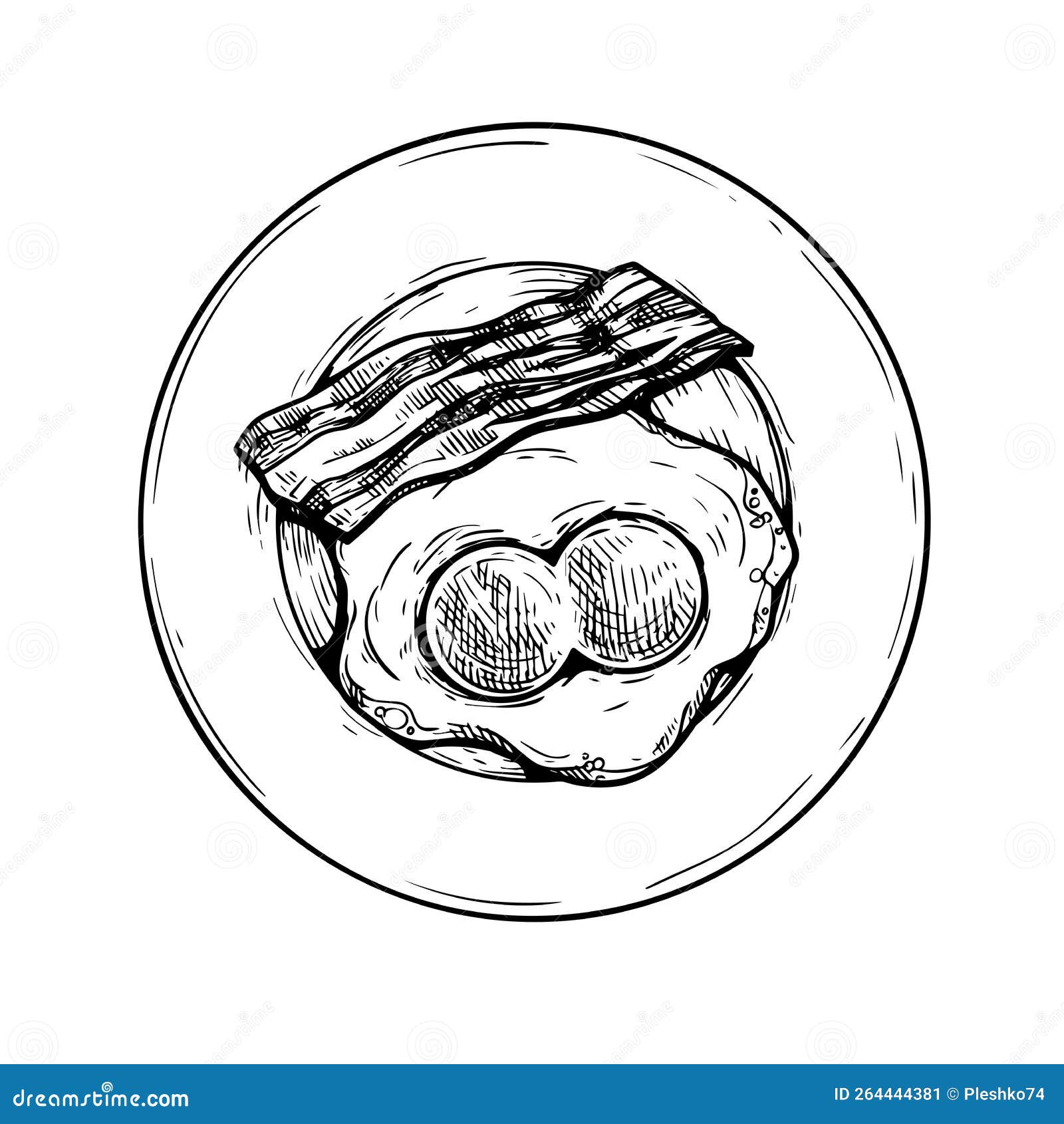 plate with fried double-eyed egg and bacon slice. hand drawn sketch style traditional breakfast drawing.