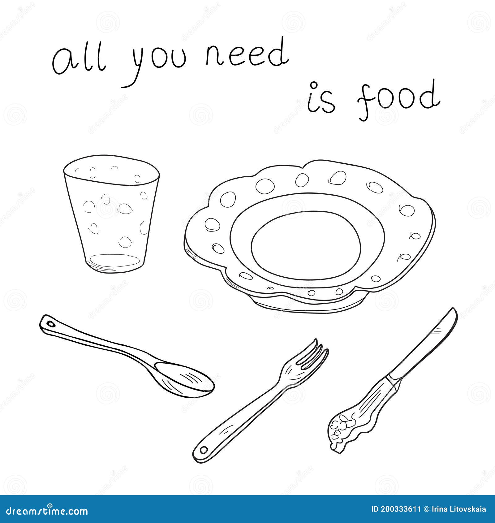 Plate, Glass, Knife, Spoon, Fork Cartoon Doodle Sketch. All You Need is  Food Vector Artistic Outline Illustration Stock Vector - Illustration of  meal, dish: 200333611