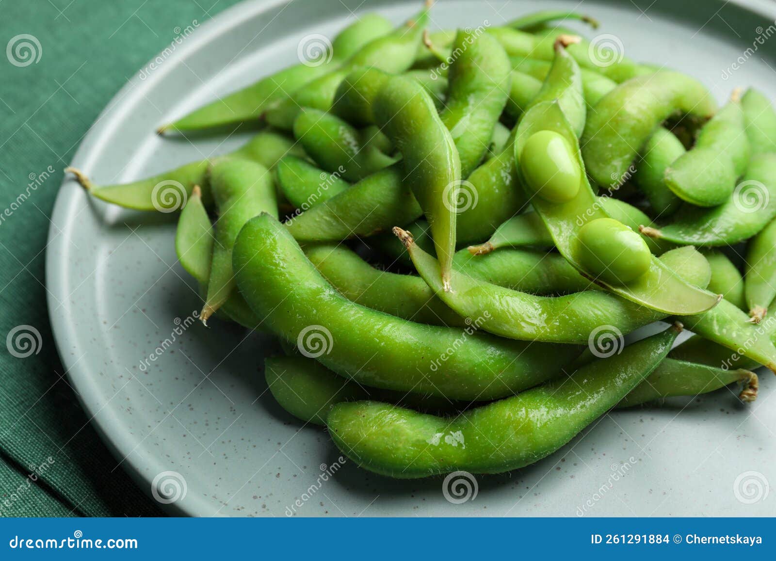 Plate of Green Edamame Beans in Pods on Table, Closeup Stock Photo Image of closeup, health