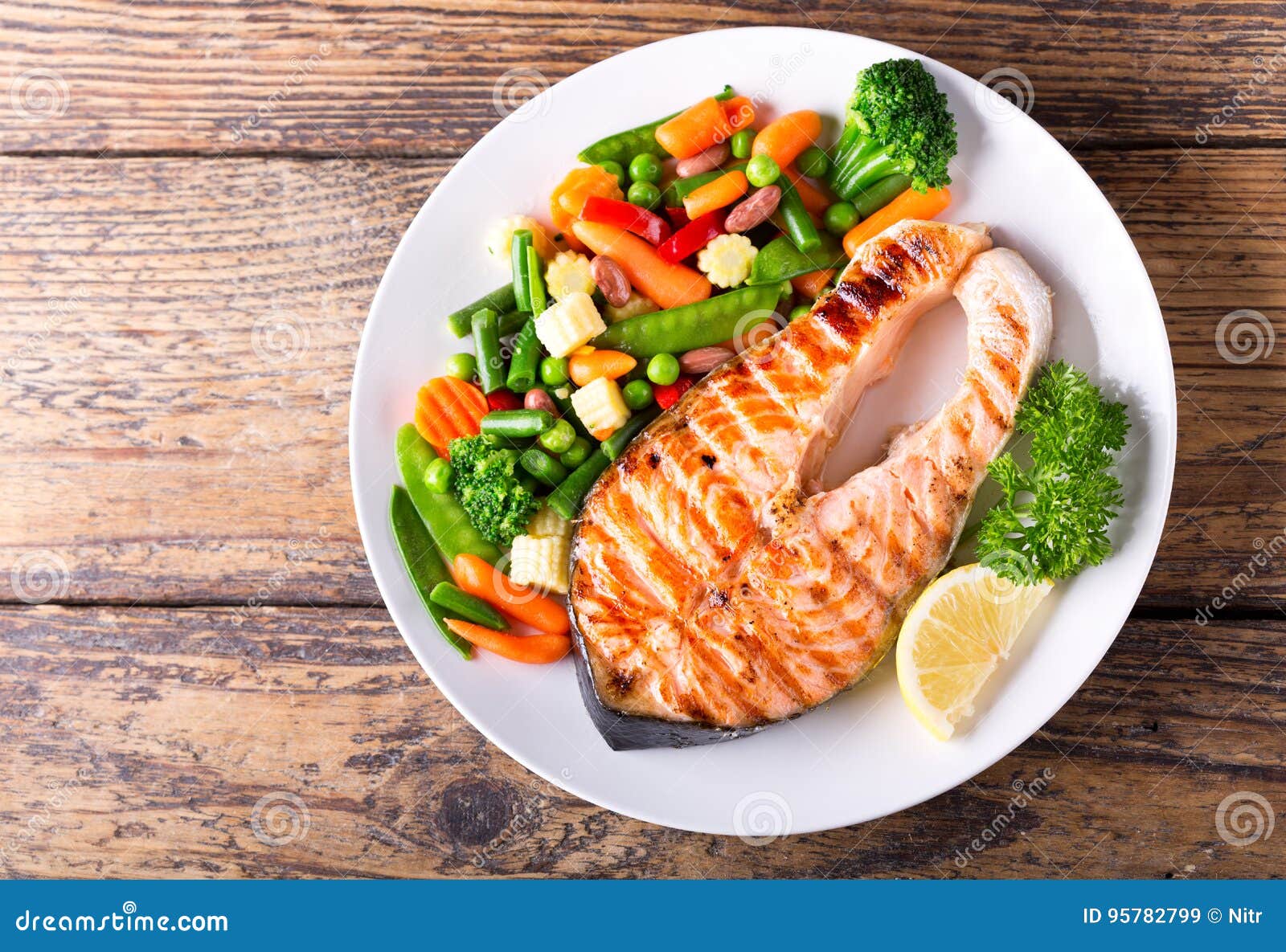 Plate of Grilled Salmon Steak with Vegetables Stock Image - Image of ...