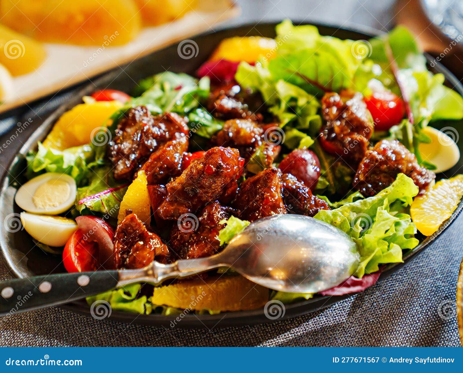 A Plate of Hot Salad with Caramelized Meat. Stock Image Image of green, cooking 277671567