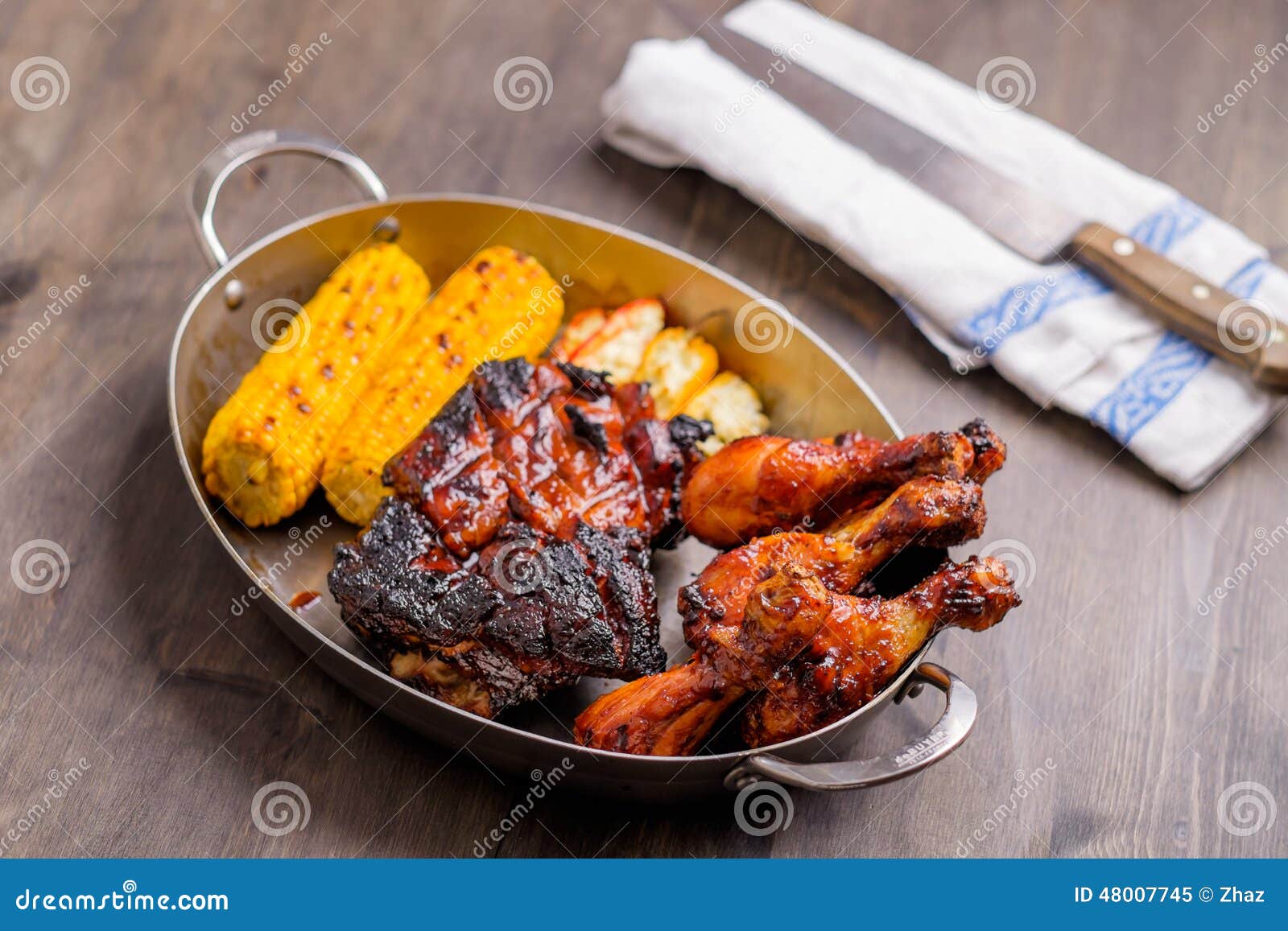 Plate with mixed bbq pork stock image. Image of grilled 48007745