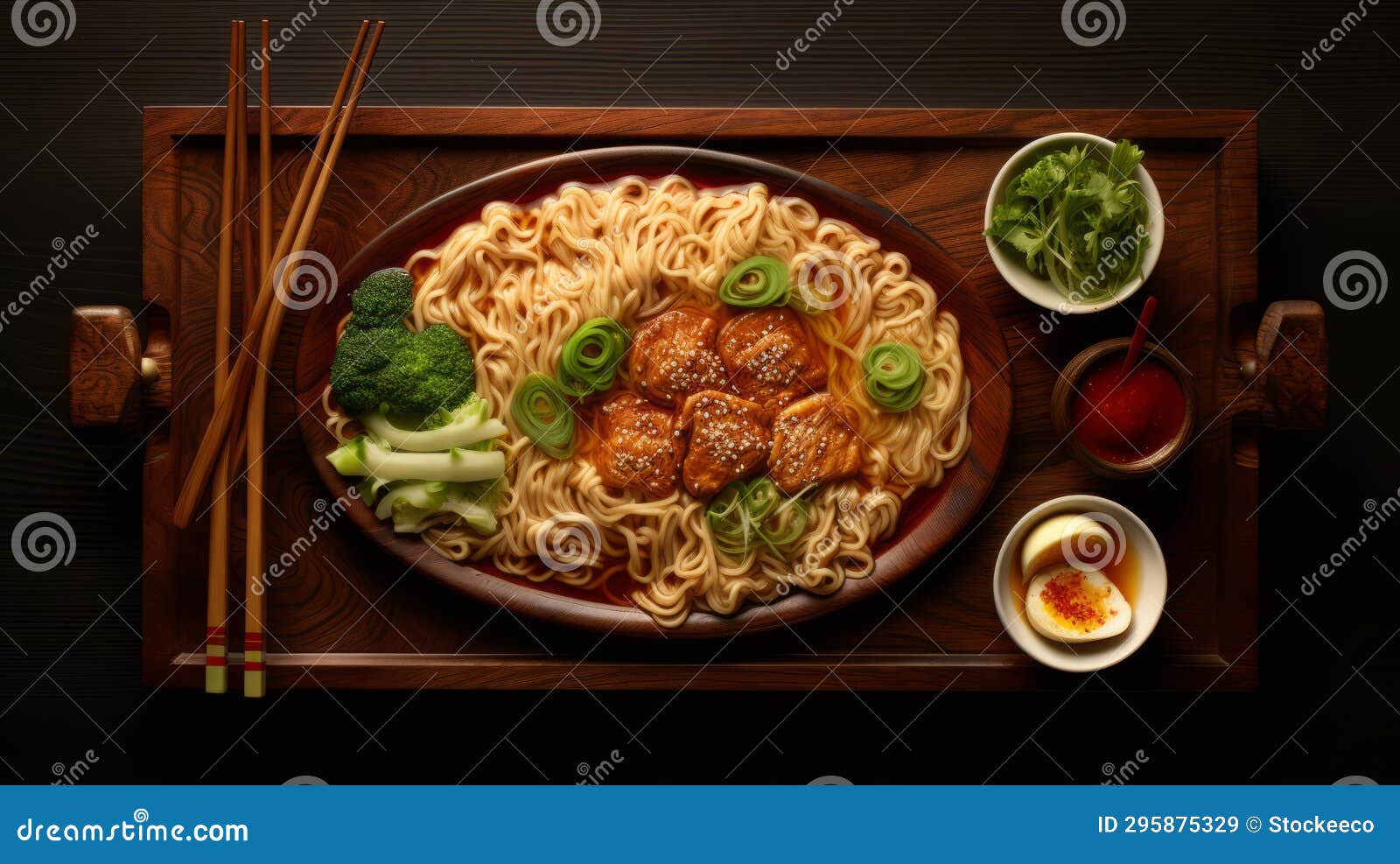 top view of ramen slices on wooden tray - neo-geo style