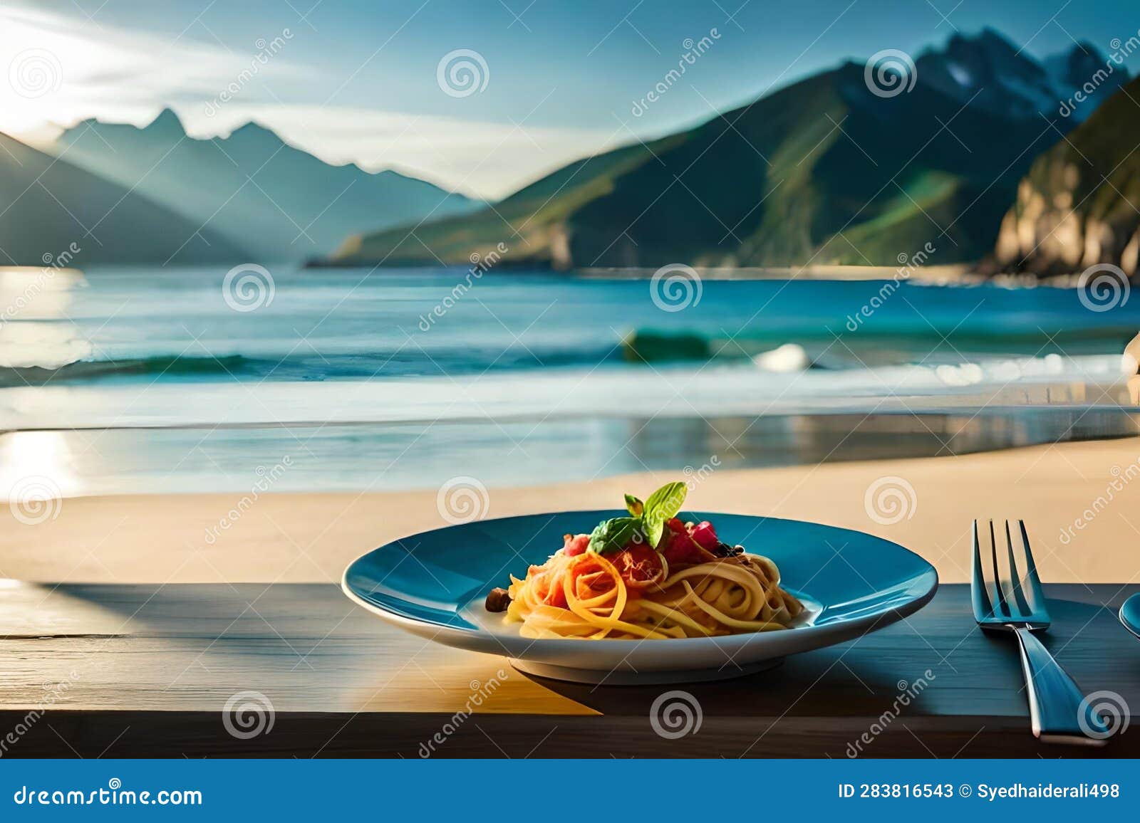 A Plate of Pasta on a Table with Beach Stock Illustration