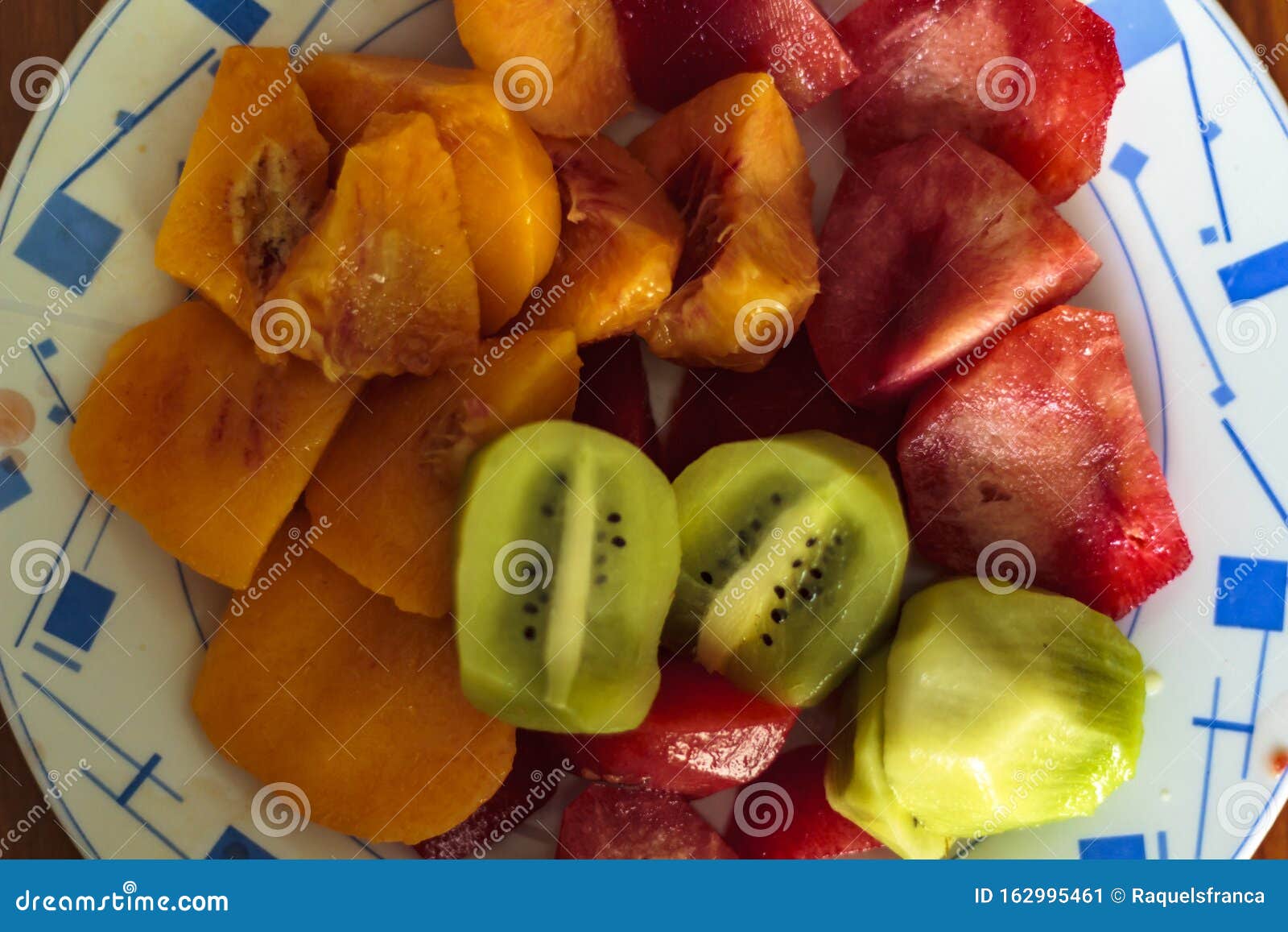 Plate with Peeled Fruit, Plum, Peach and Kiwi Stock Image Image of