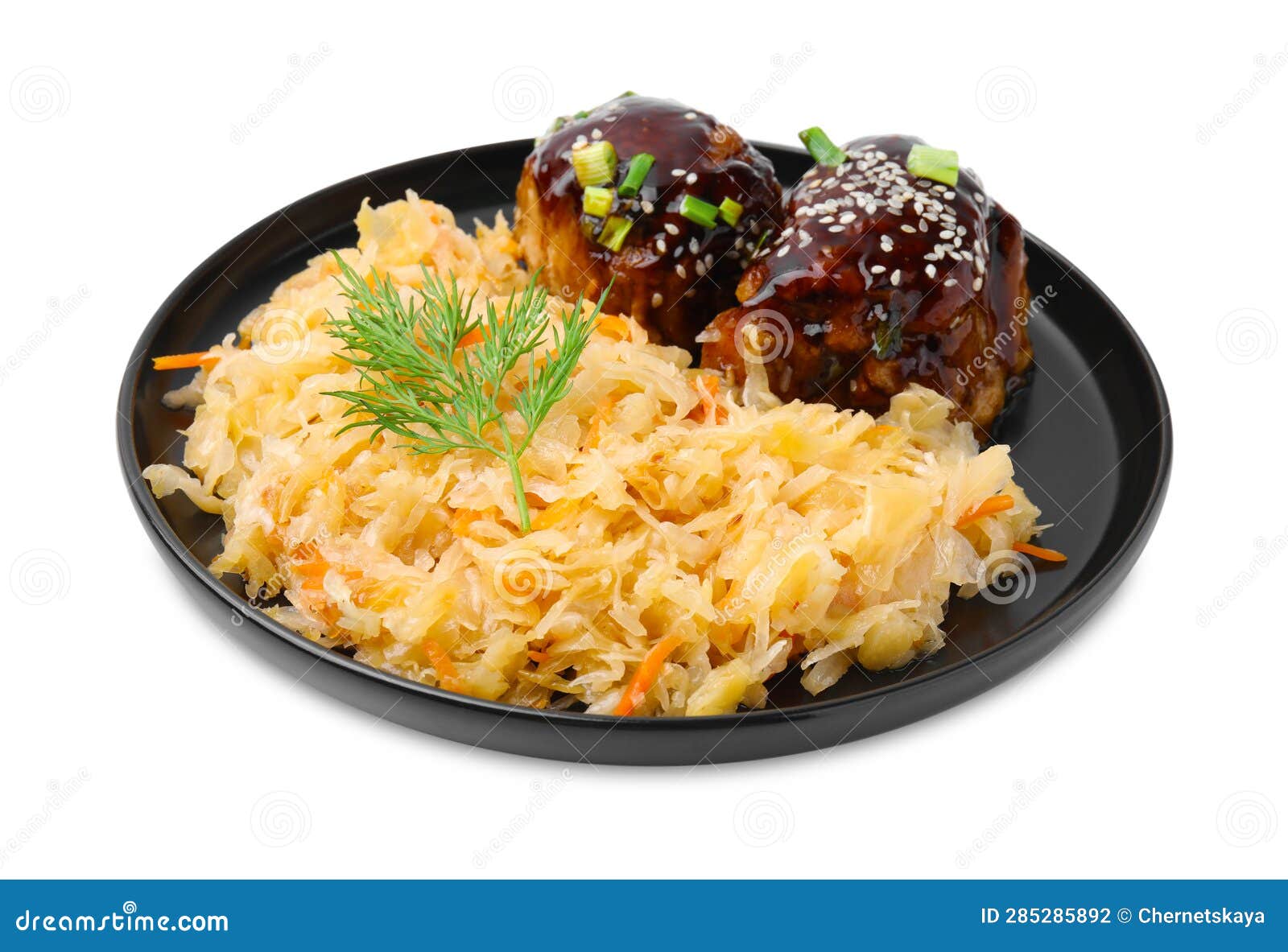 Plate with Sauerkraut and Chicken Isolated on White Stock Photo Image