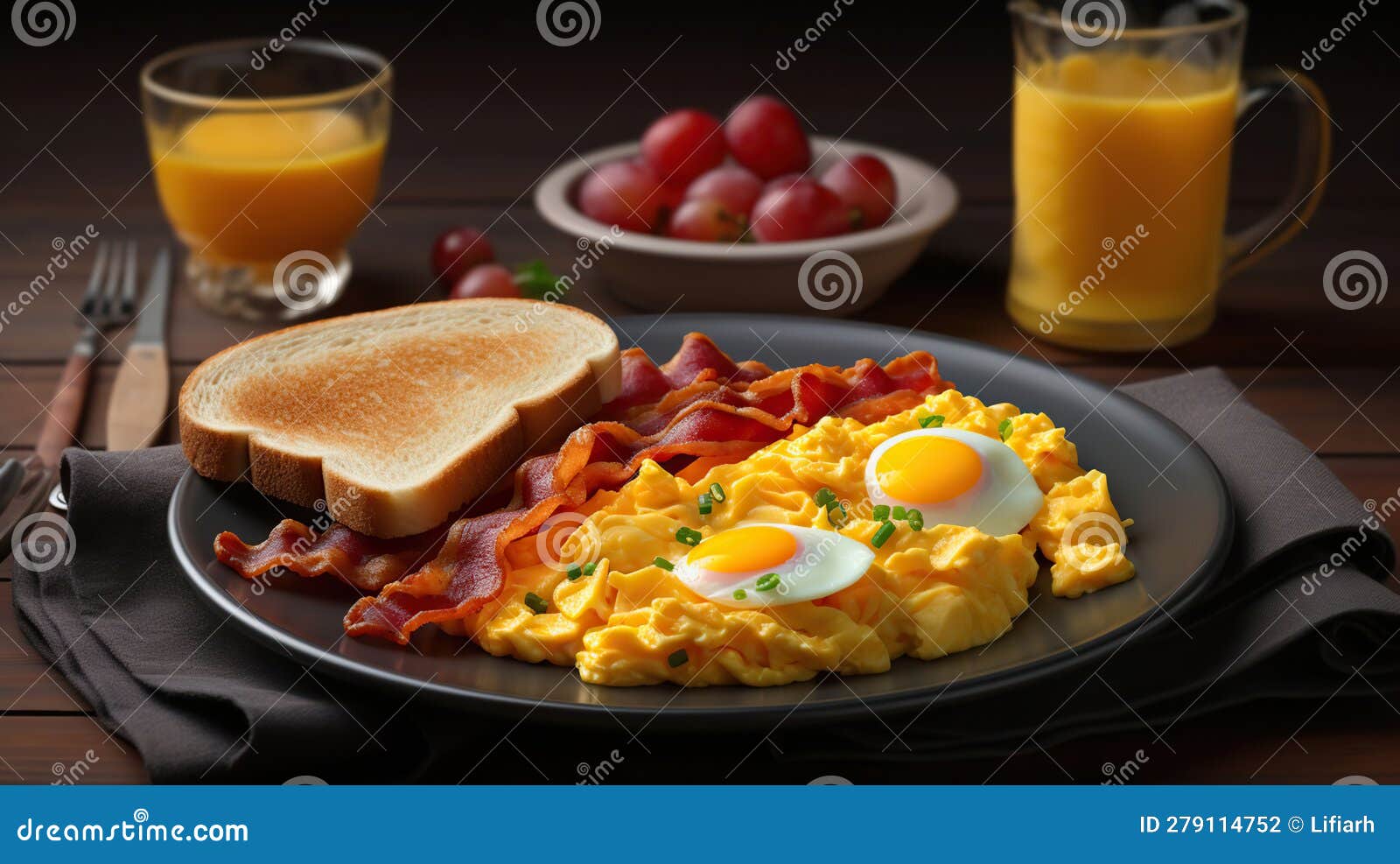 A Plate of Scrambled Eggs with Bacon, Toast, and a Side of Fruit