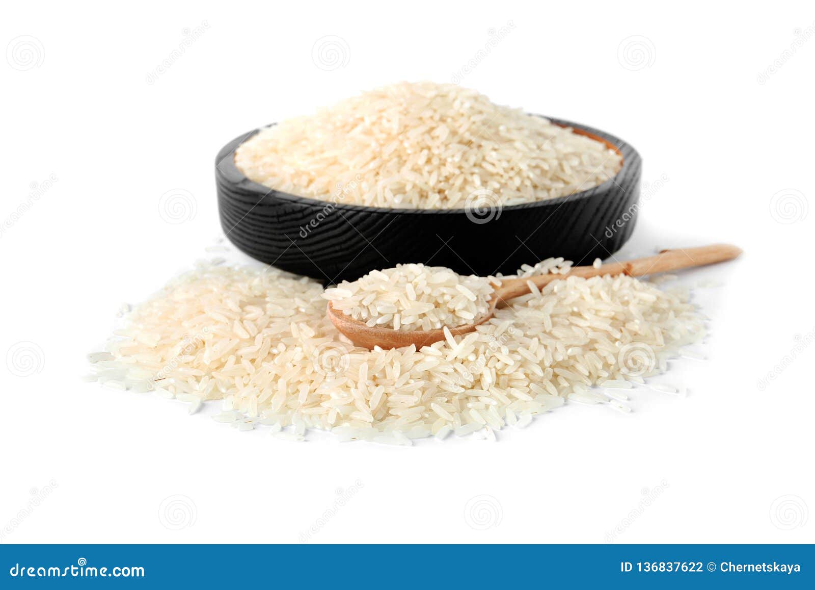 Plate, Spoon and Uncooked Long Grain Rice Isolated on White Stock Photo