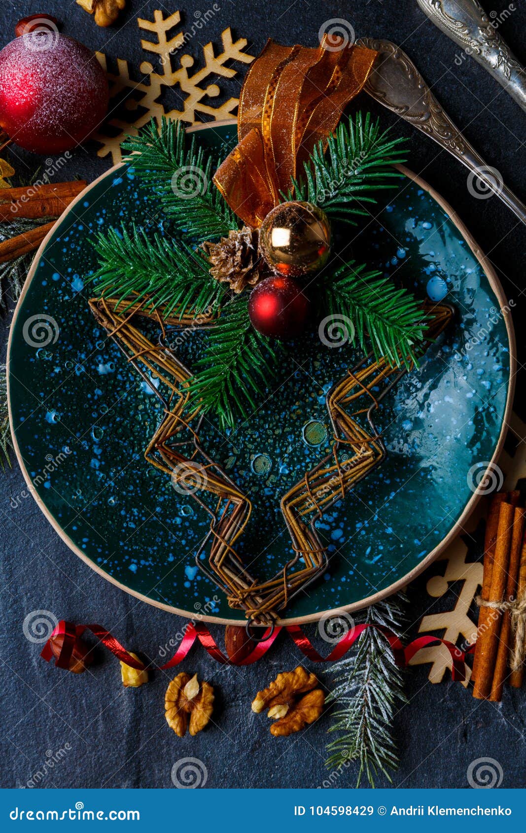 on the plate with surface is a creative christmas tree. view from above. close-up. indoors.