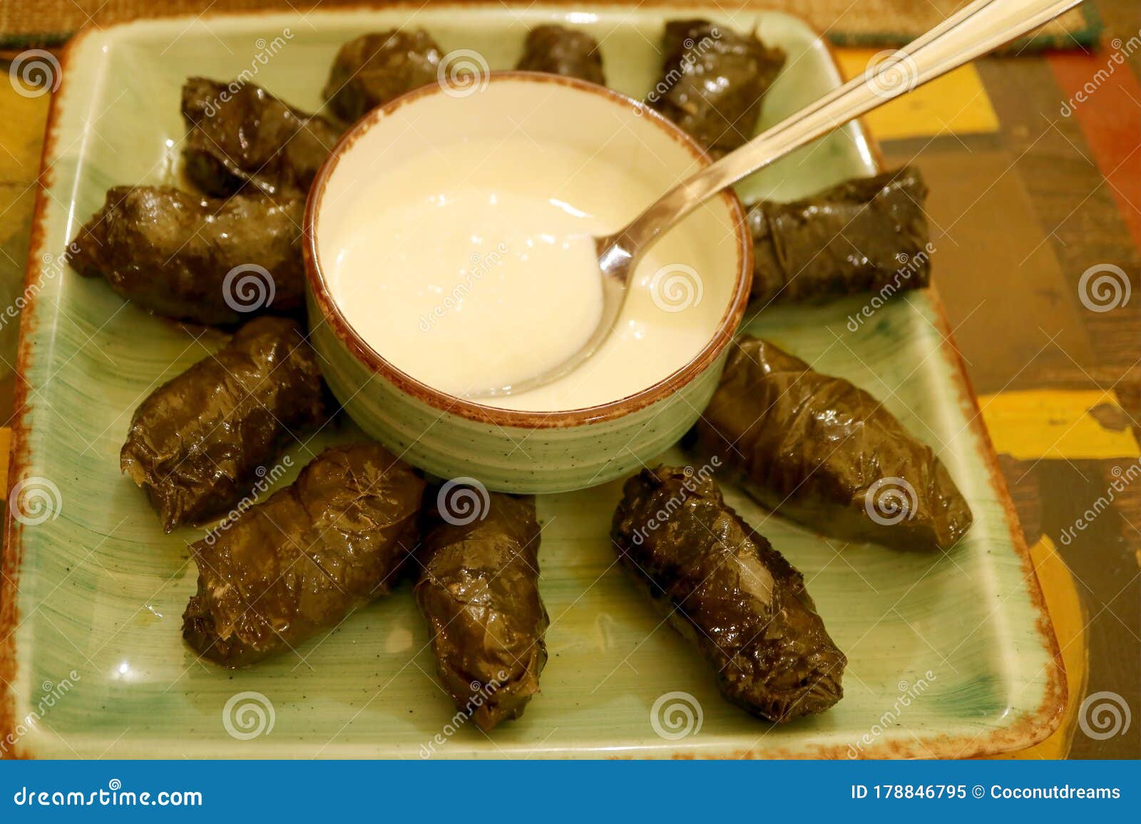 plate of tasty armenian dolma tolma or grape leaves rolls with yogurt dip