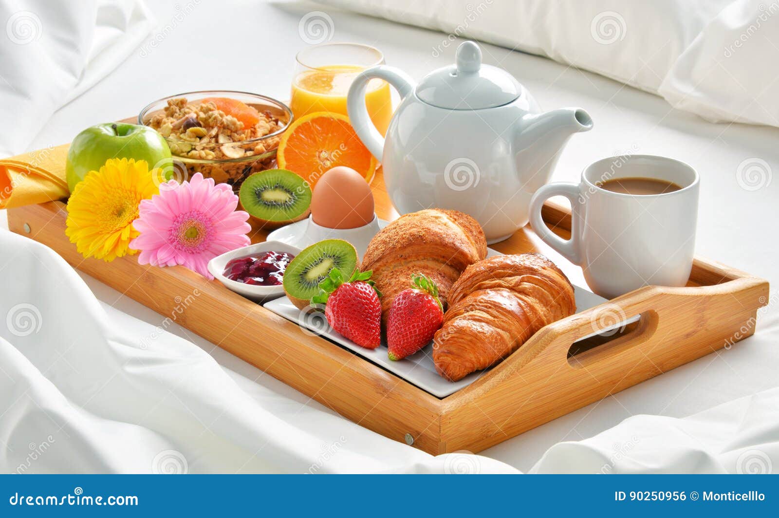 Plateau De Petit Déjeuner Dans Le Lit Dans La Chambre D'hôtel