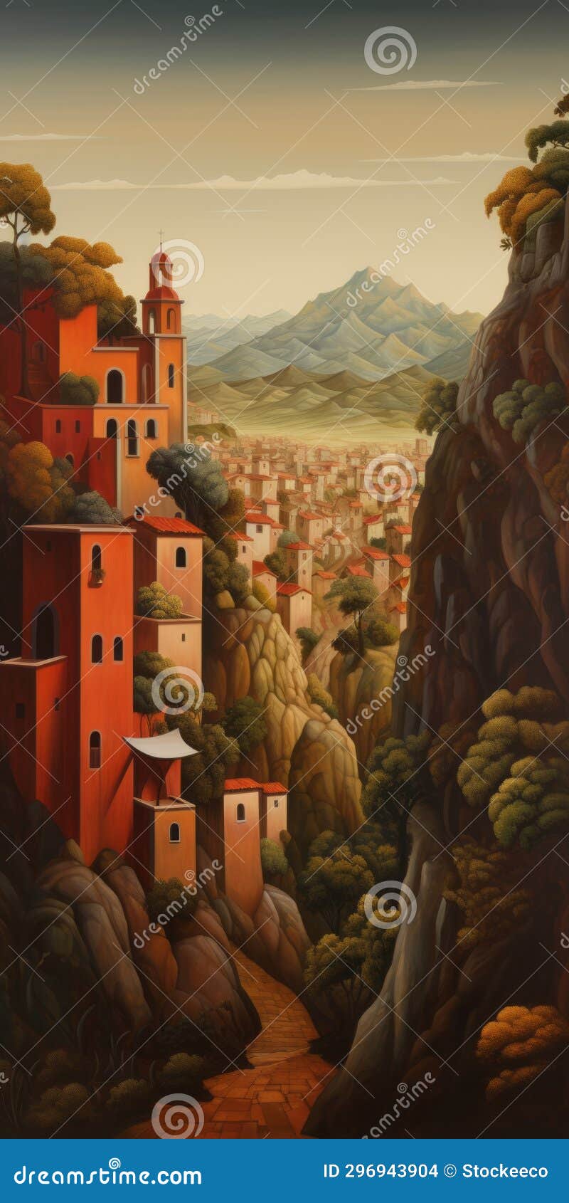 plateau painting of a city in a mountain valley