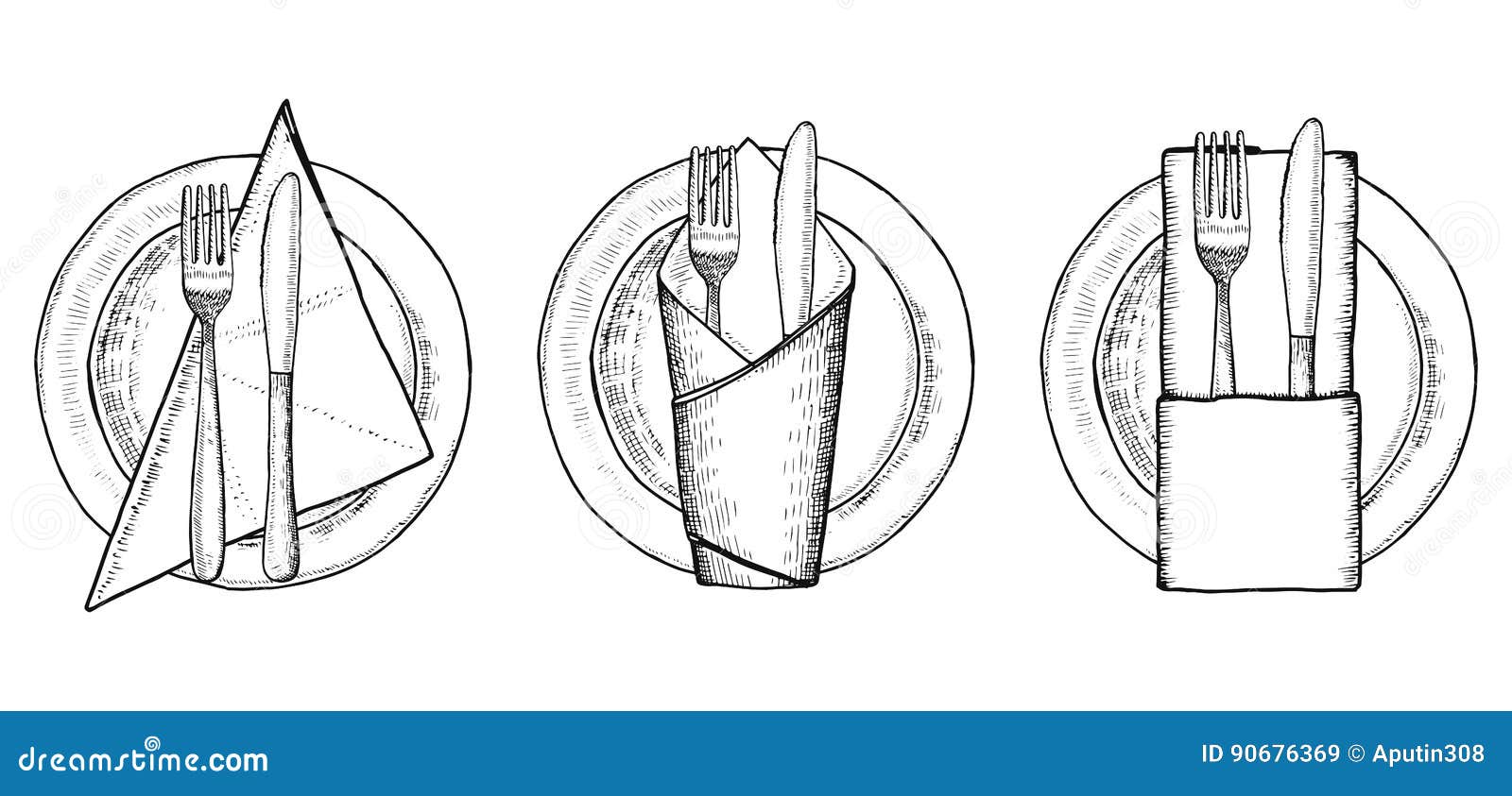 Plates with Cutlery on Napkins. Hand Drawing Vector Illustration Stock