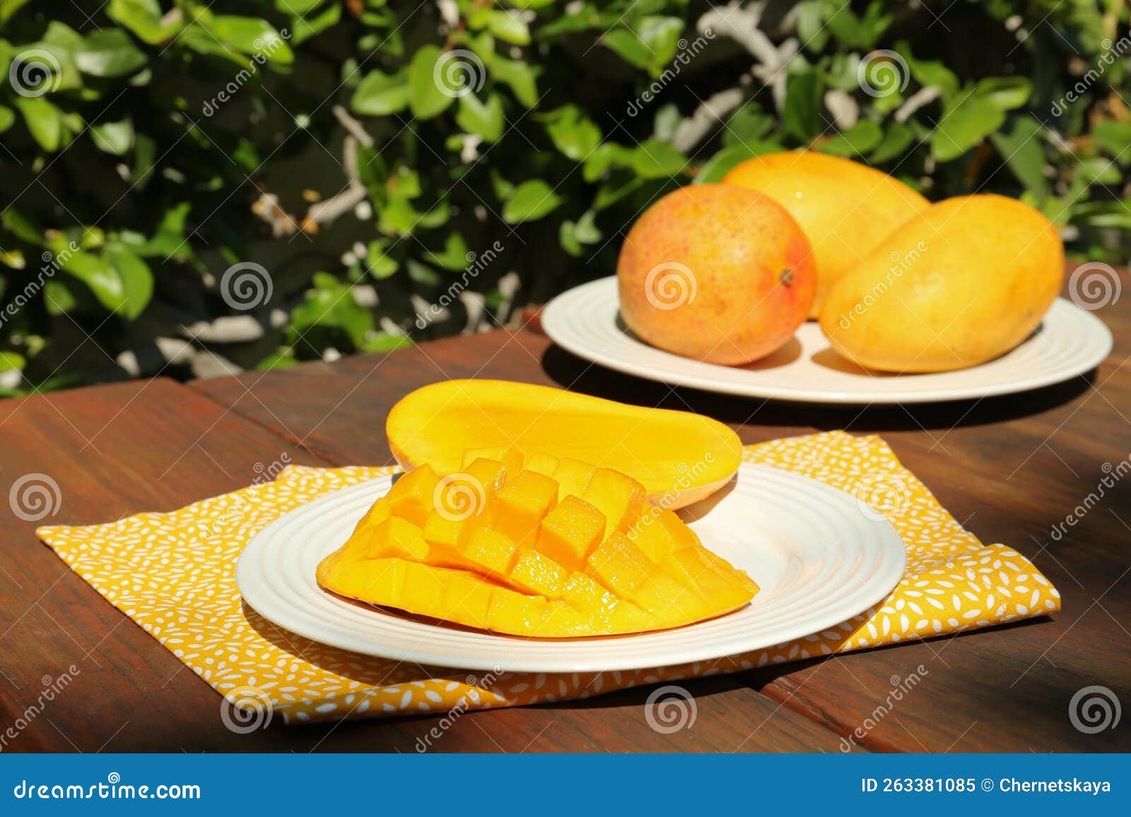Plates with Tasty Mango on Wooden Table Outdoors Stock Image Image of