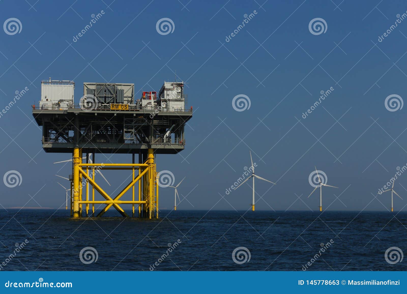 offshore platform windmills of rampion windfarm off the coast of brighton, sussex, uk