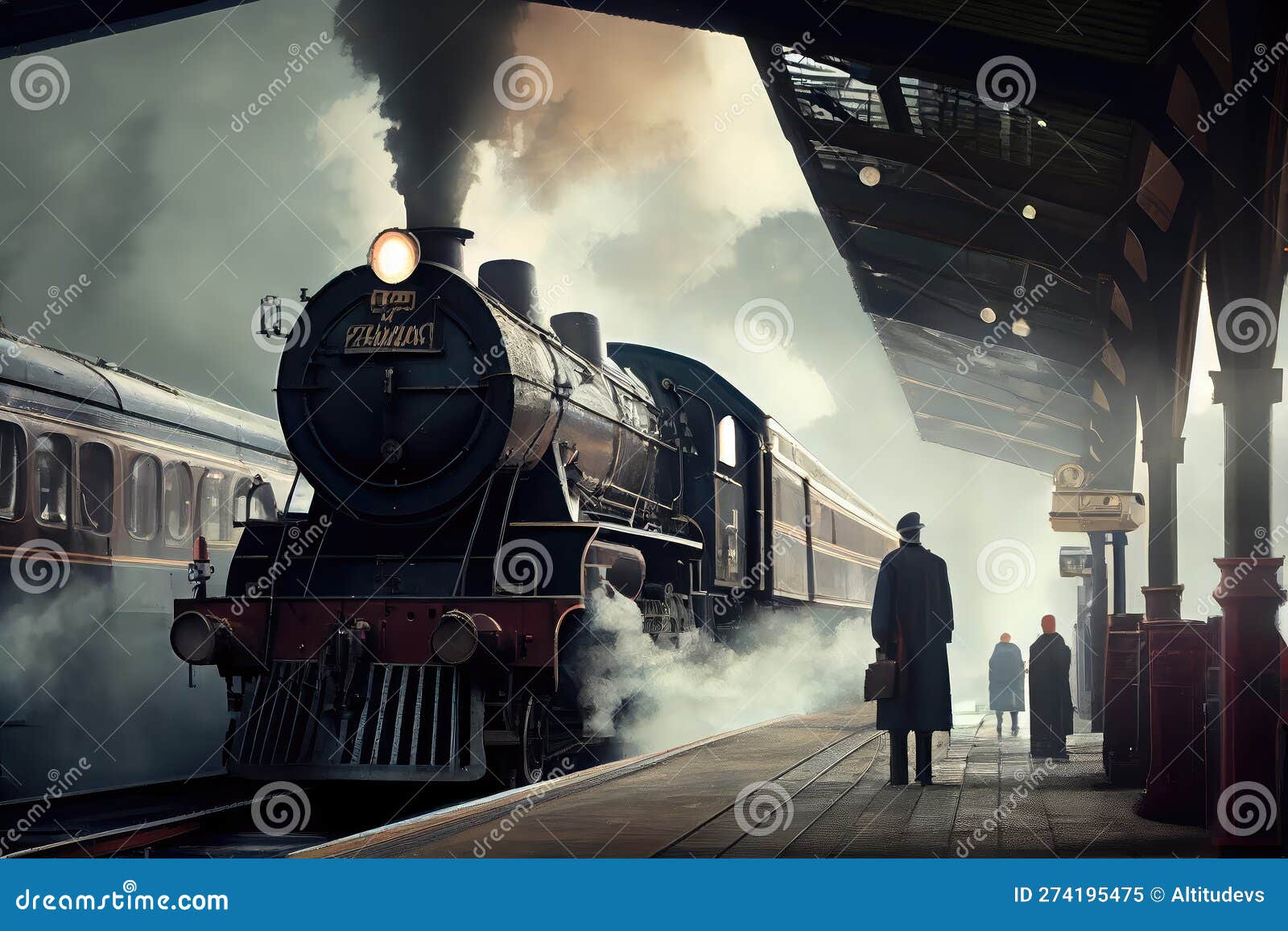 Platform, with Steam Locomotive Pulling Out of the Station, Capturing a ...