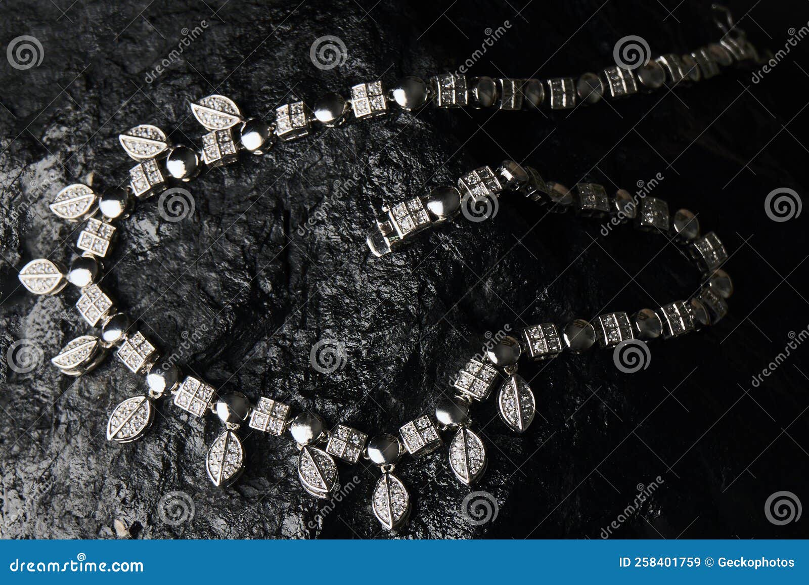 Platinum Necklace with Diamonds on Black Background with Copy Space