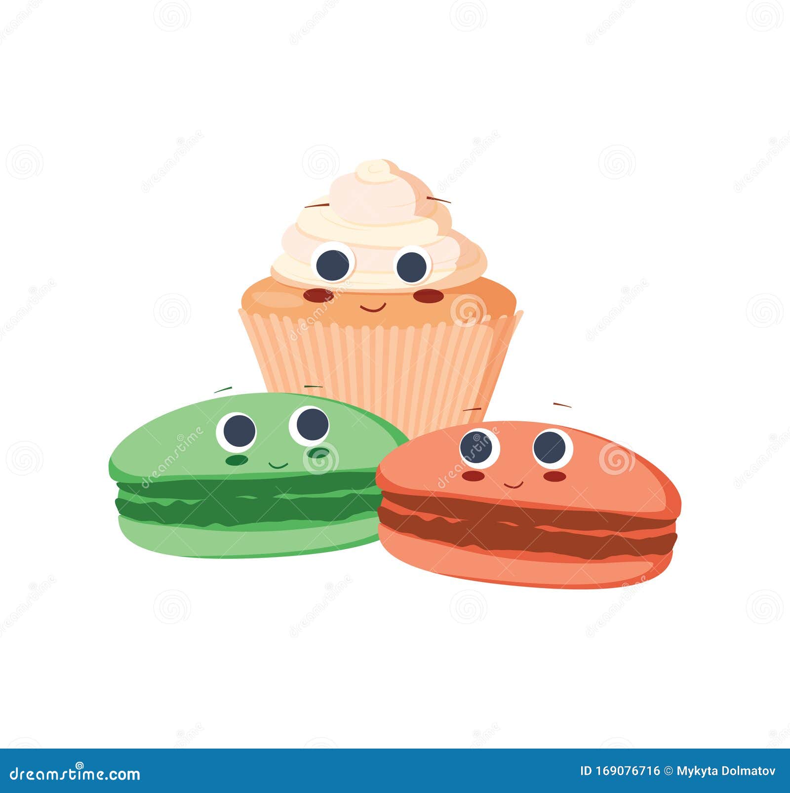 Platte vectorillustratie van de Cute eclair en macaroons Verachtelijke griezelige taart en tekenfilmfiguren Zoete glimlach. Platte vectorillustratie van de Cute eclair en macaroons Verachtelijke griezelige taart en tekenfilmfiguren Zoete, lachende gebak, geïsoleerd op witte achtergrond Ontwerp van het menu Kinderkleding