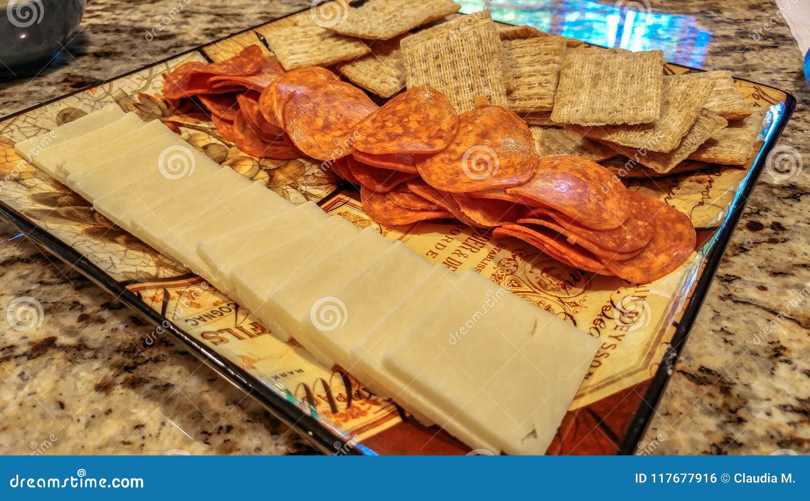 Platter of Cheese, Pepperoni and Crackers Stock Photo Image of