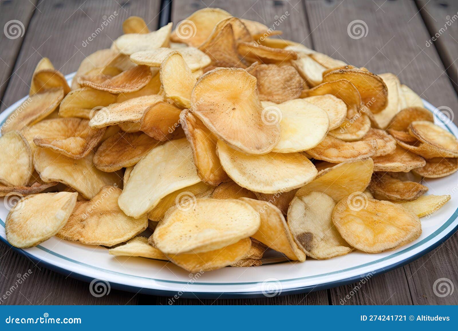 A Platter of Fried and Salted Potatoes Chips, Ready To Devour Stock