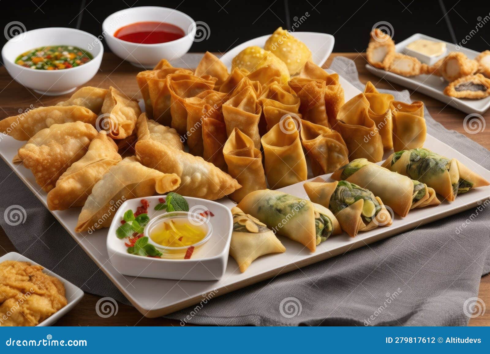 platter of fusion-inspired appetizers, including spring rolls, wontons, and samosas