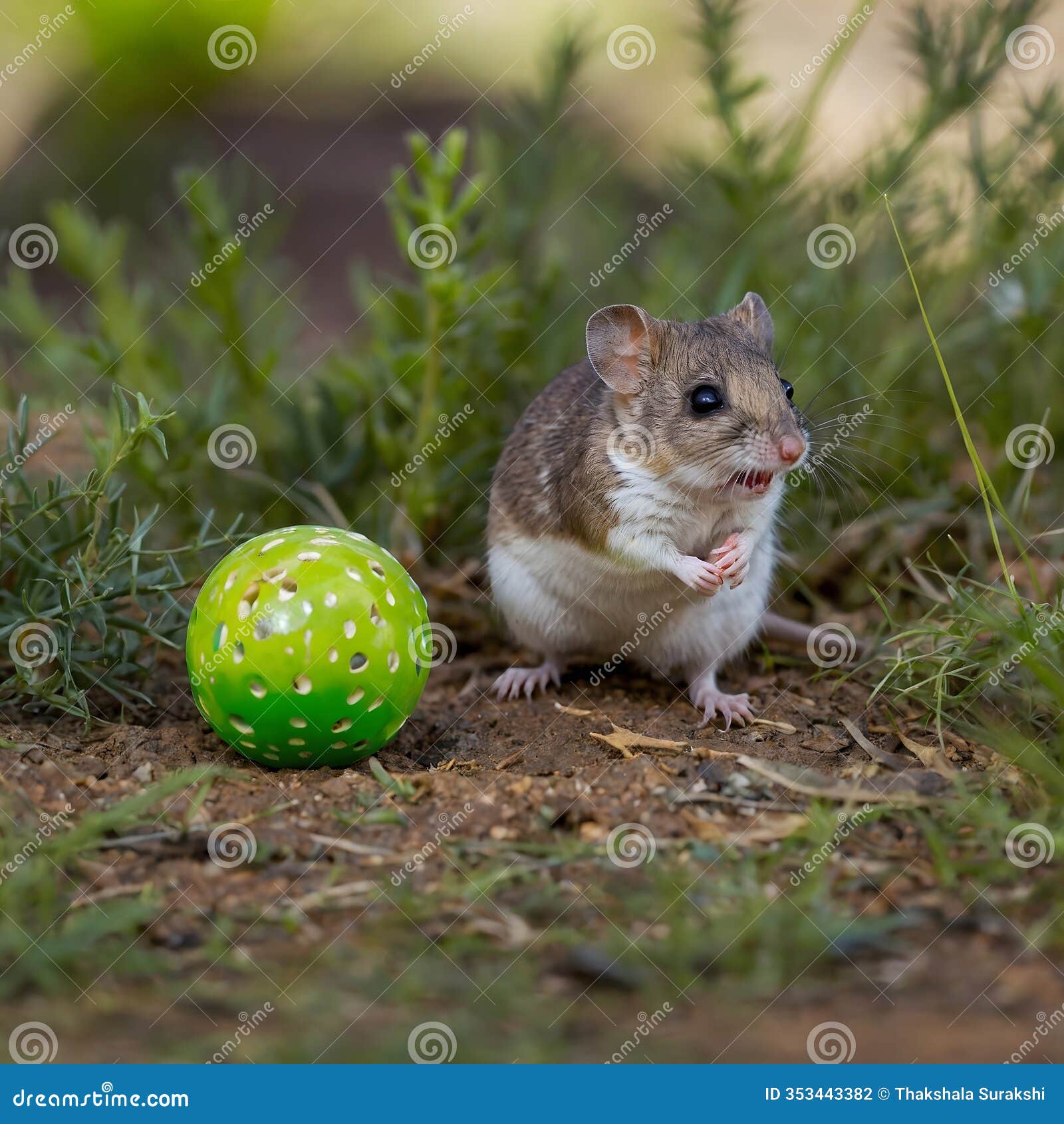 in play: carpenterian dunnart enjoying a toy in a lush green environment
