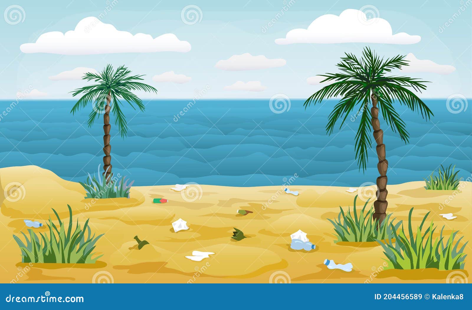 Playa Contaminada Con Basura Alrededor. Arenoso Mar Tropical Orilla Con  Palmas Y Basura. Dibujo Animado Ilustración De La Contamin Stock de  ilustración - Ilustración de limpieza, orilla: 204456589