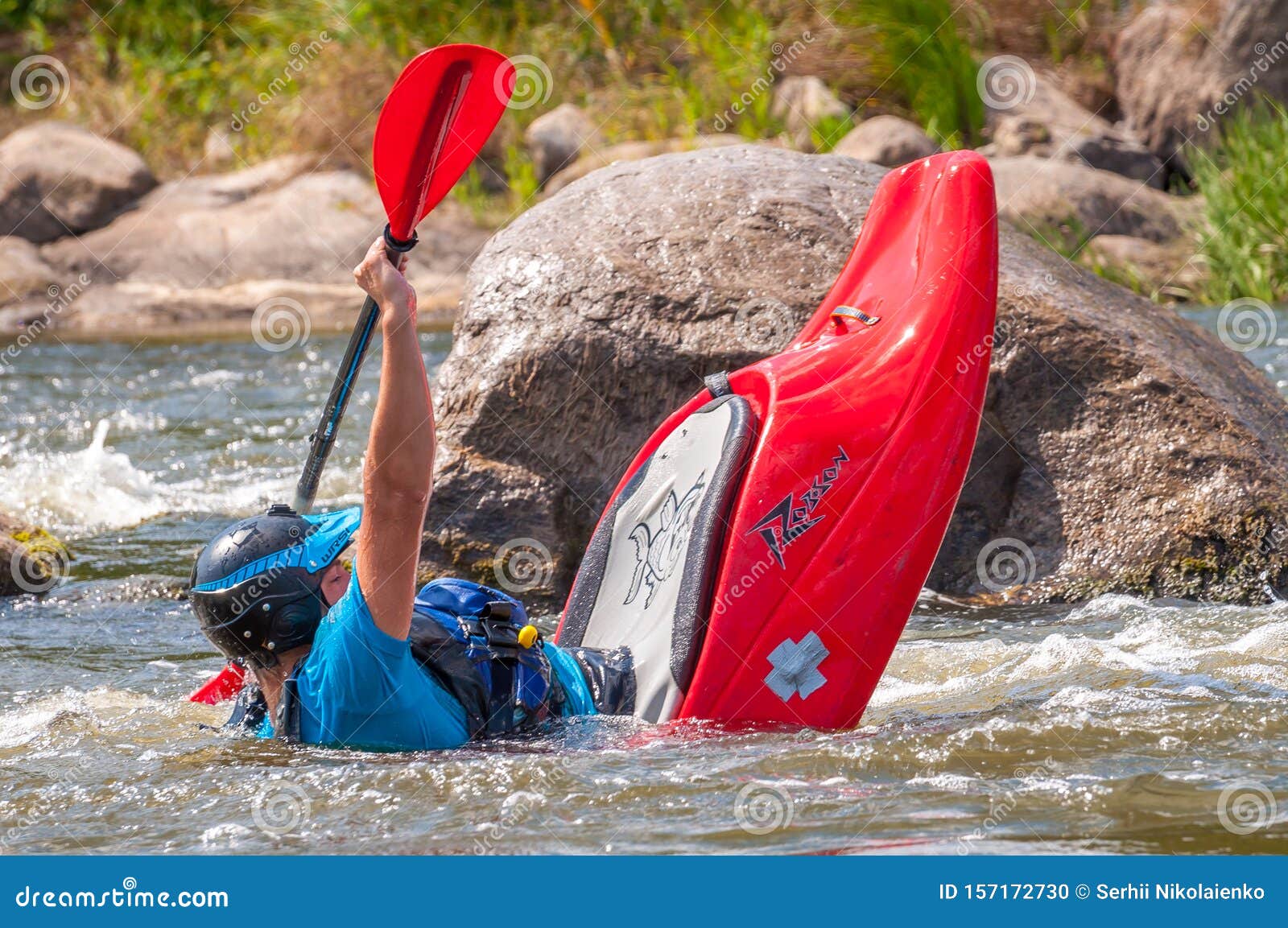 Playboating. Kayaking Freestyle On Whitewater. Eskimo Roll 