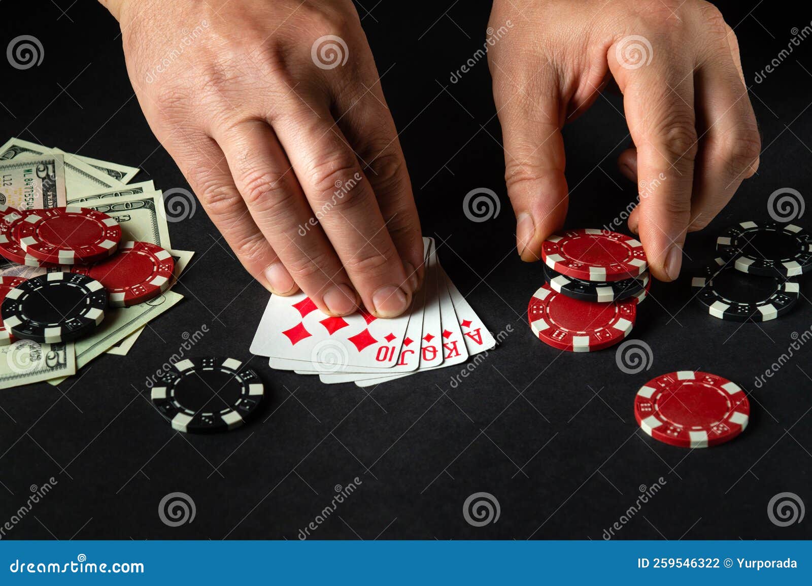 The Player Bets on a Winning Combination Royal Flush in Poker Game on a
