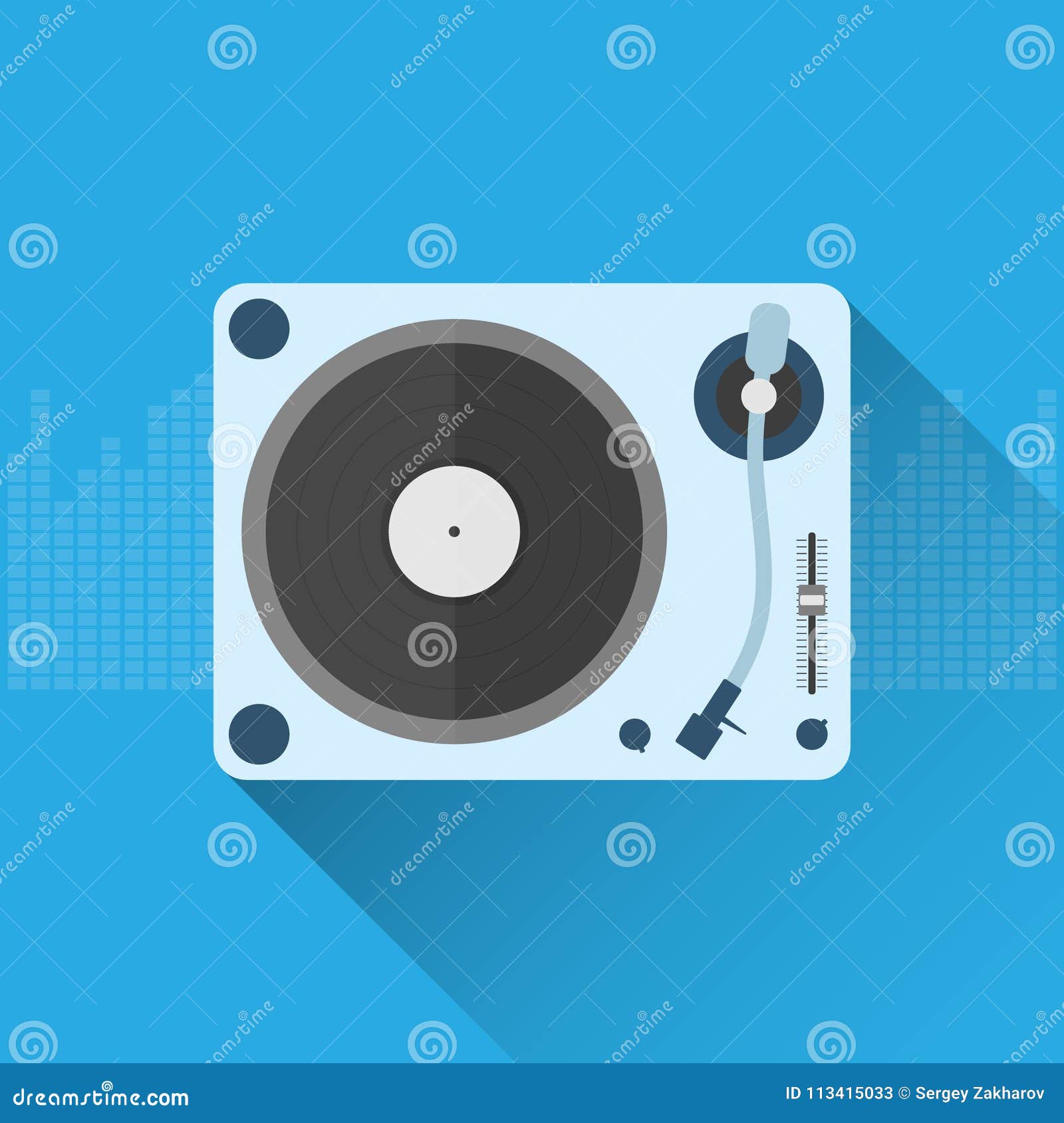 Player for Vinyl Records, on a Blue Background and Equalizer. Flat Style with Shadow Stock
