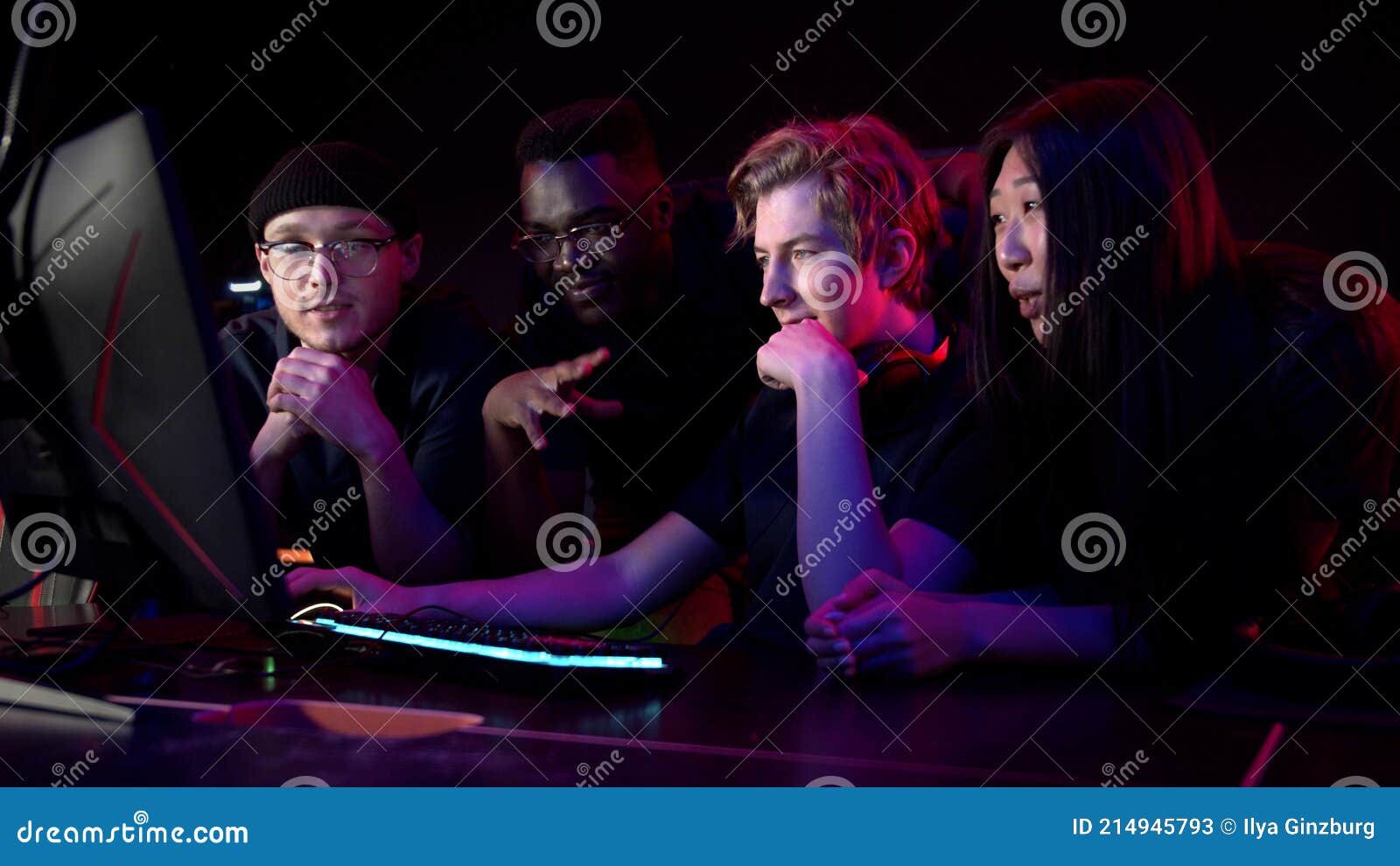 Players of the Esports Team Gathered Together in the Computer Club and Watch the Stream from the Strategy World Stock Image