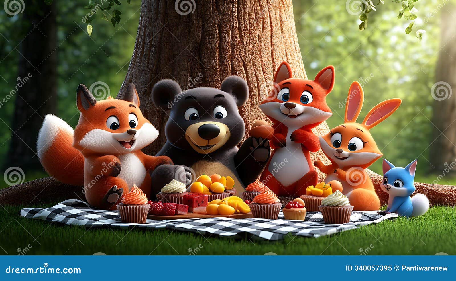 playful animal characters gathering for a picnic