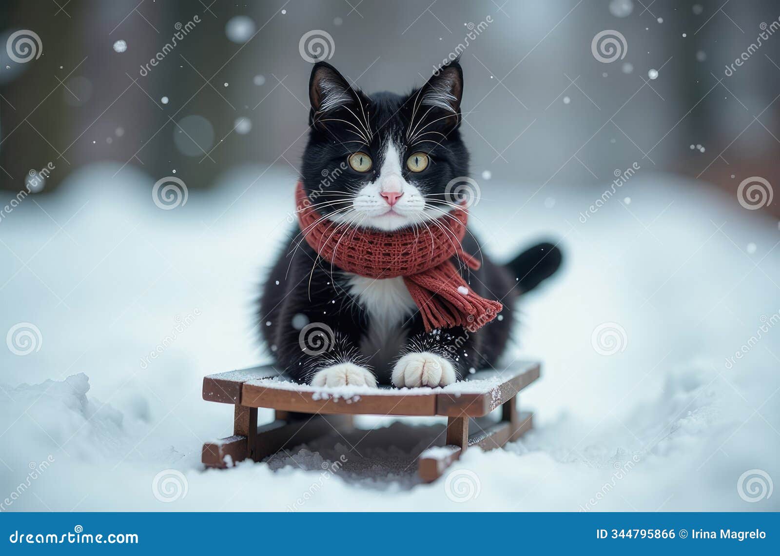 a playful black and white cat wearing a scarf sits on a sled in a snowy landscape